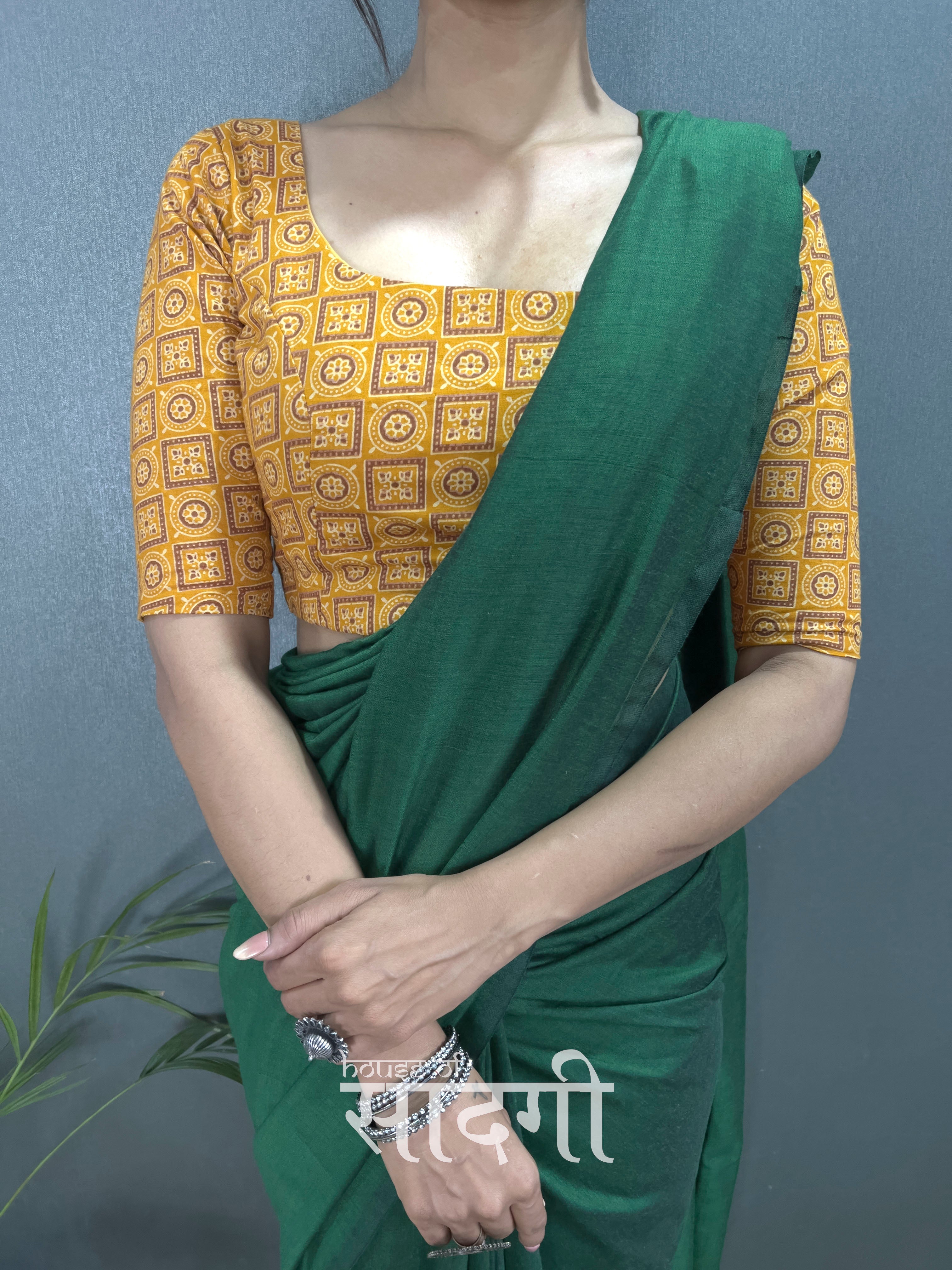 Green Handloom Cotton Saree With Yellow Printed Blouse