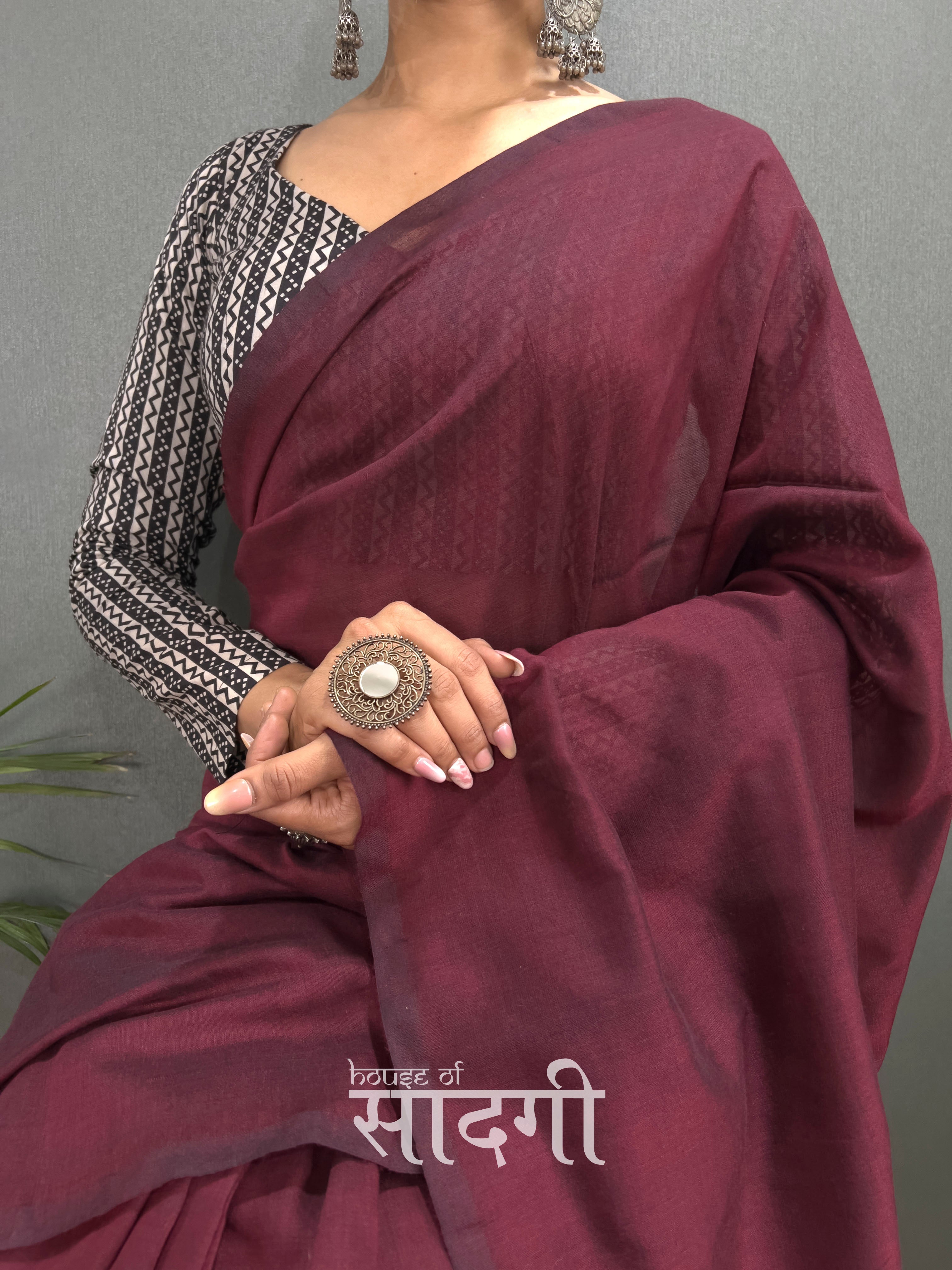 Dark Maroon Handloom Cotton Saree With Black Printed Blouse