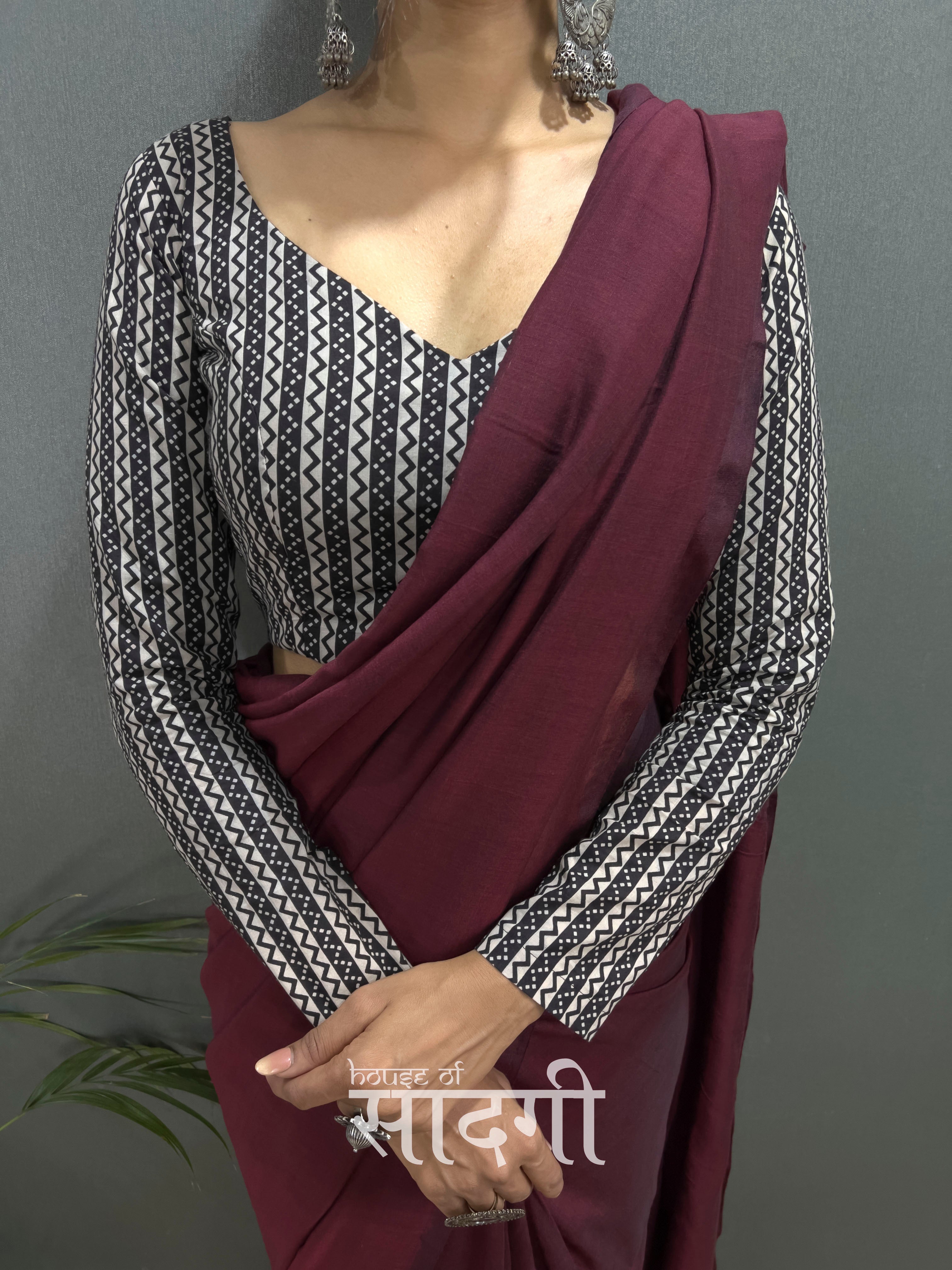 Dark Maroon Handloom Cotton Saree With Black Printed Blouse