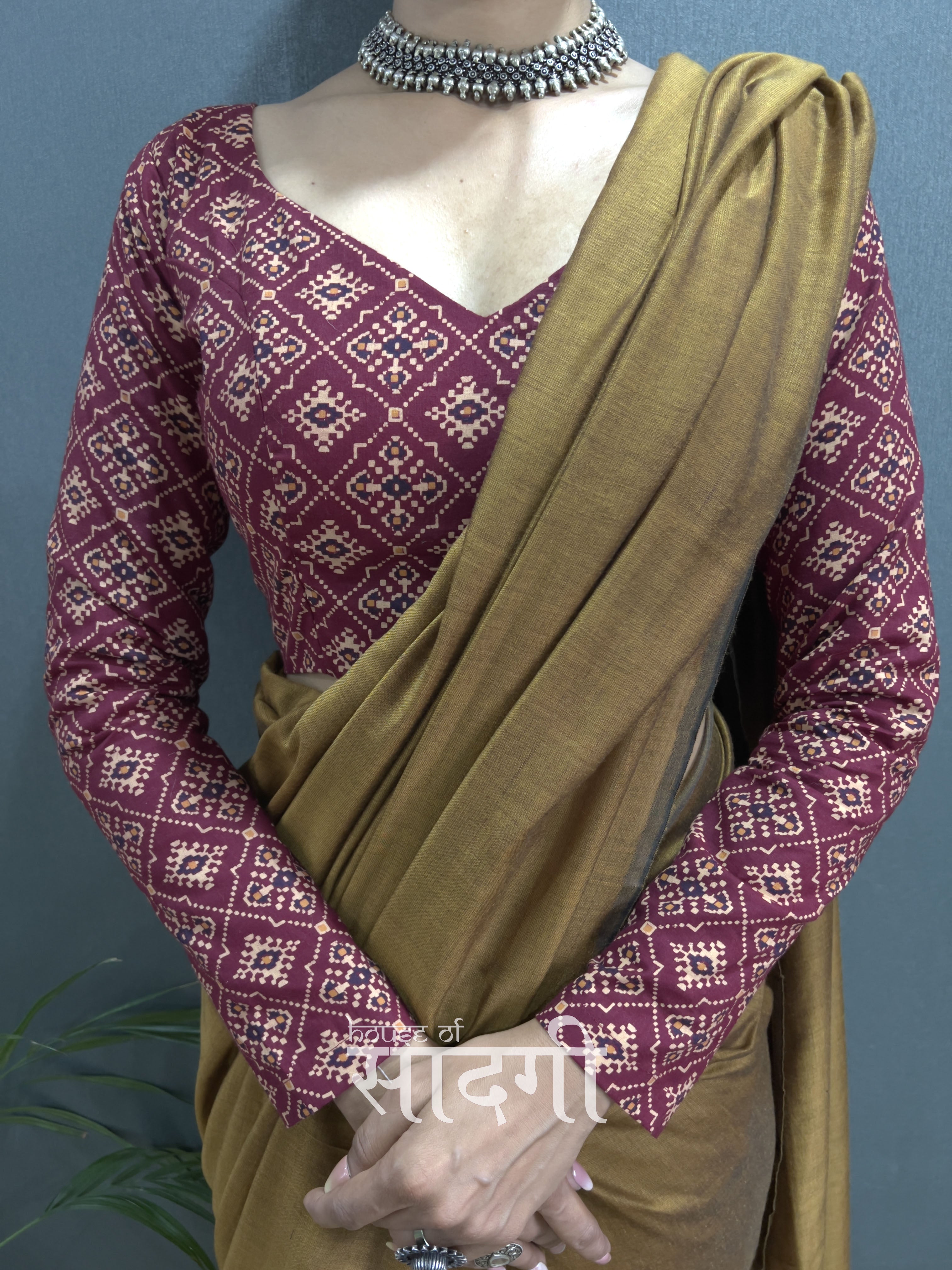 Golden Handloom Cotton Saree With Maroon Patola Printed Blouse