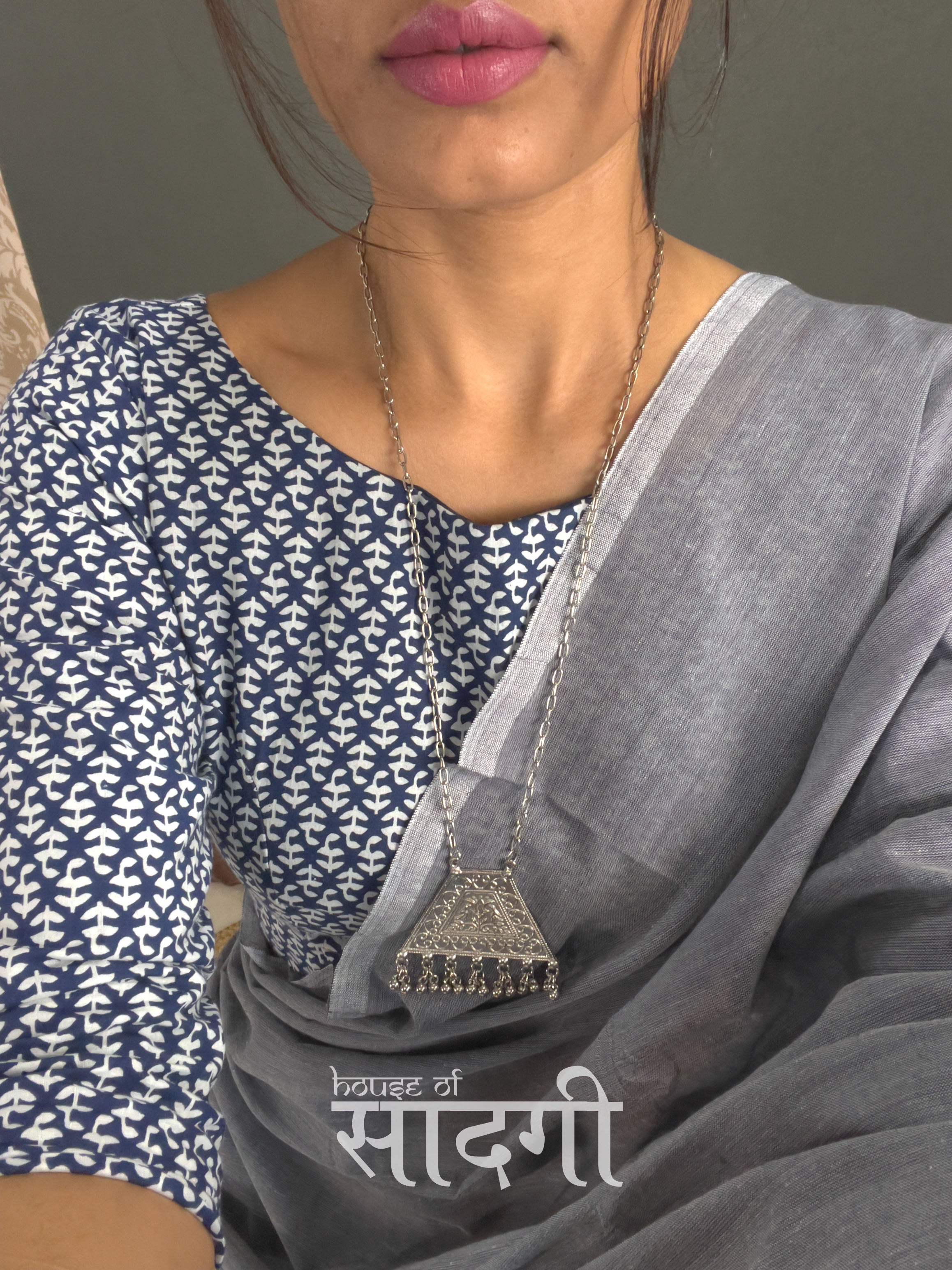 Grey Handloom Cotton Saree With Blue Printed Blouse