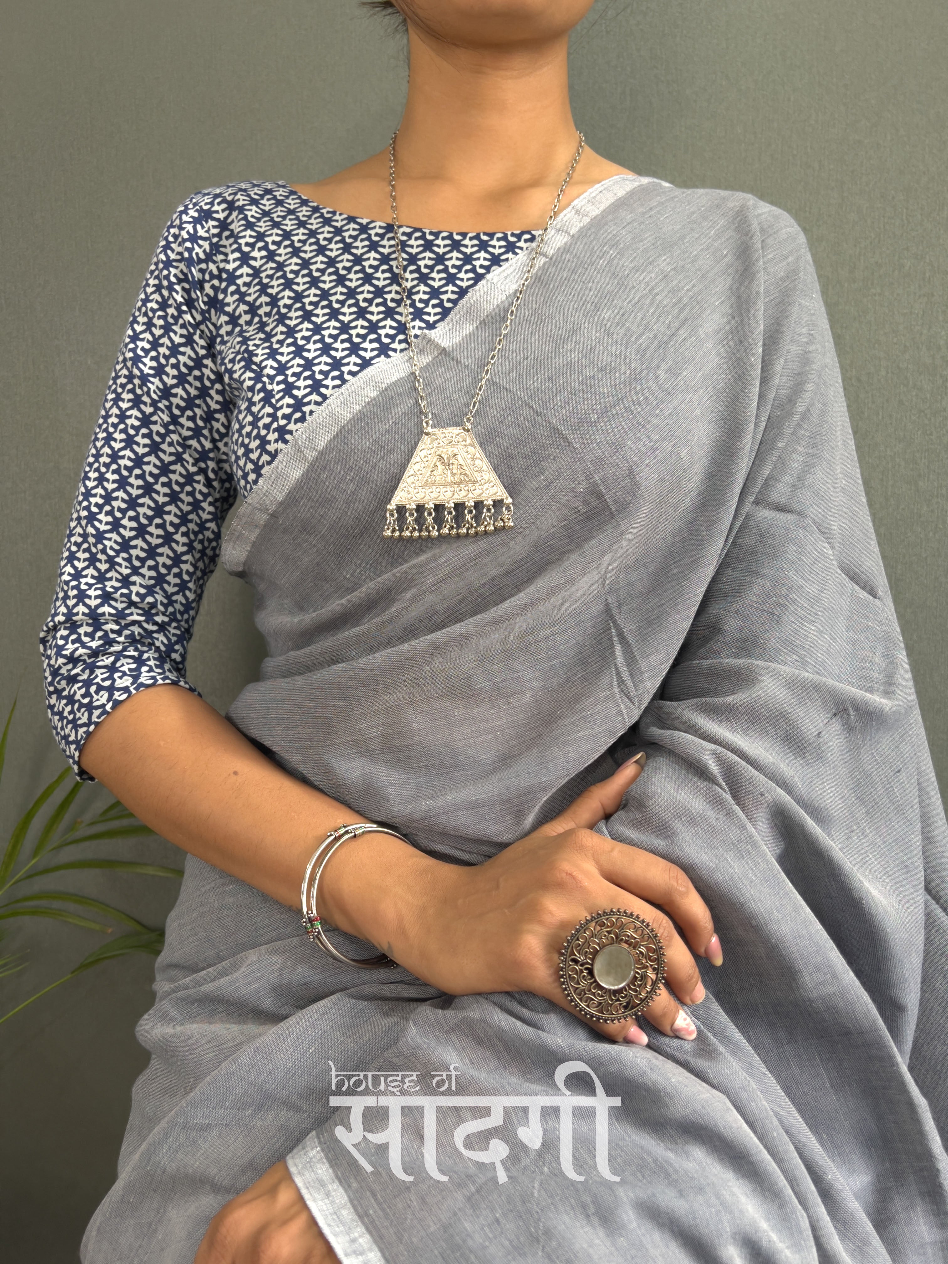 Grey Handloom Cotton Saree With Blue Printed Blouse