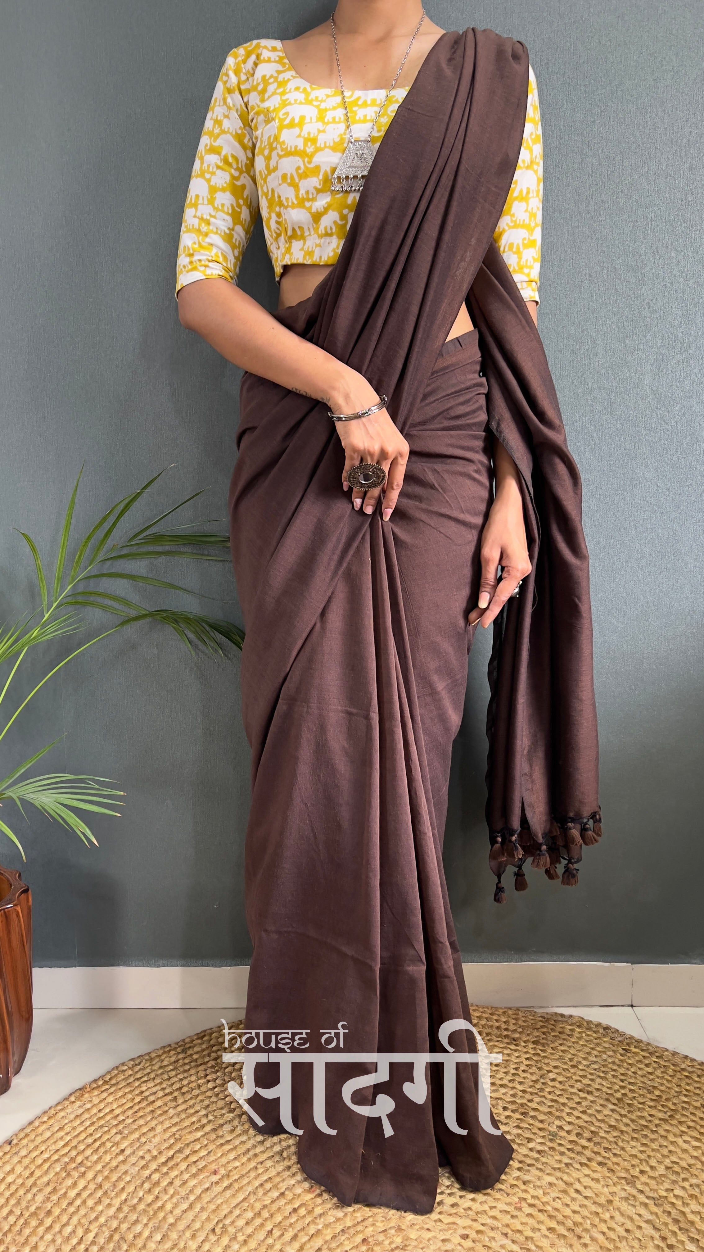 Brown Handloom Cotton Saree With Animal Printed Blouse