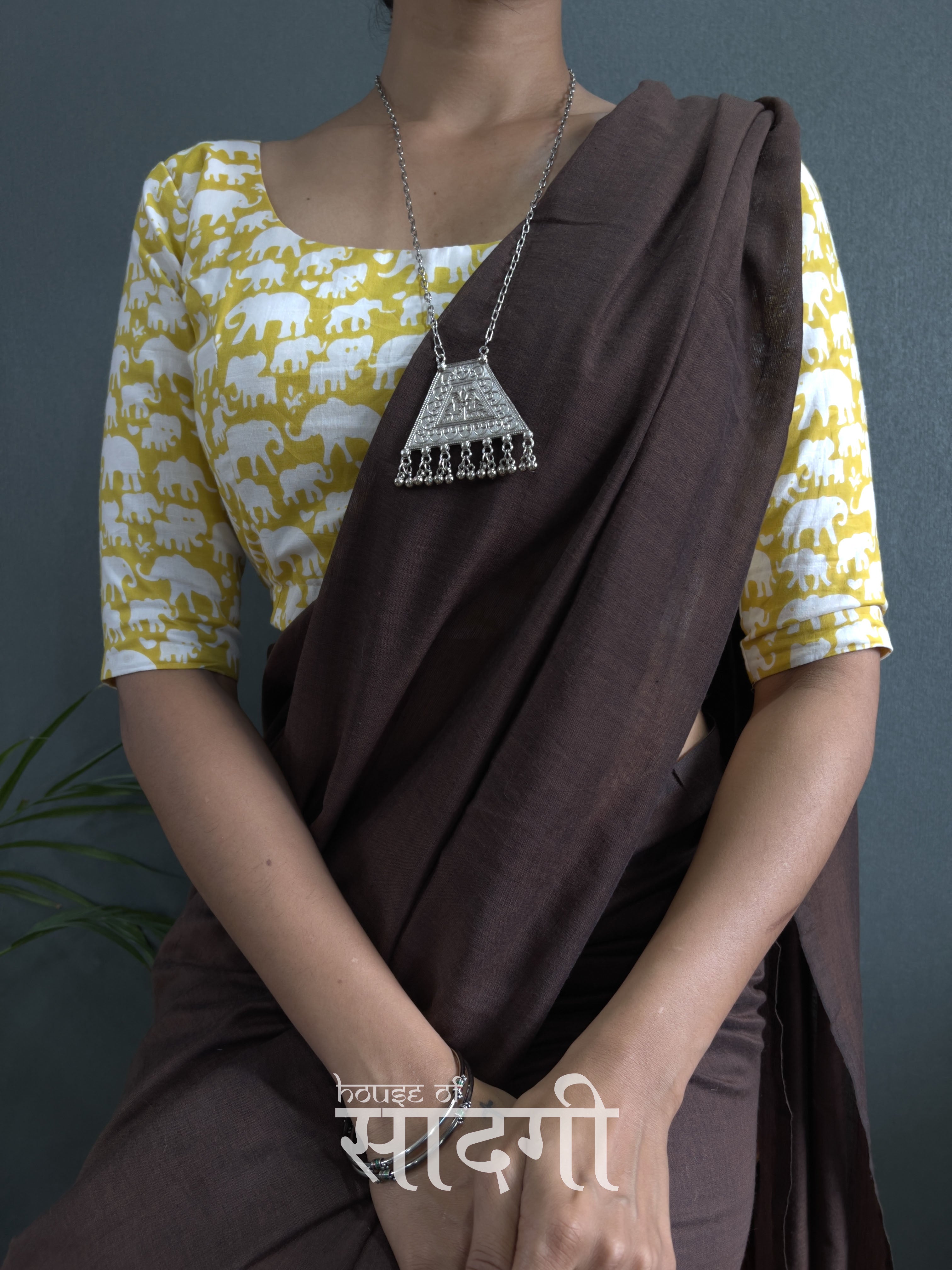 Brown Handloom Cotton Saree With Animal Printed Blouse