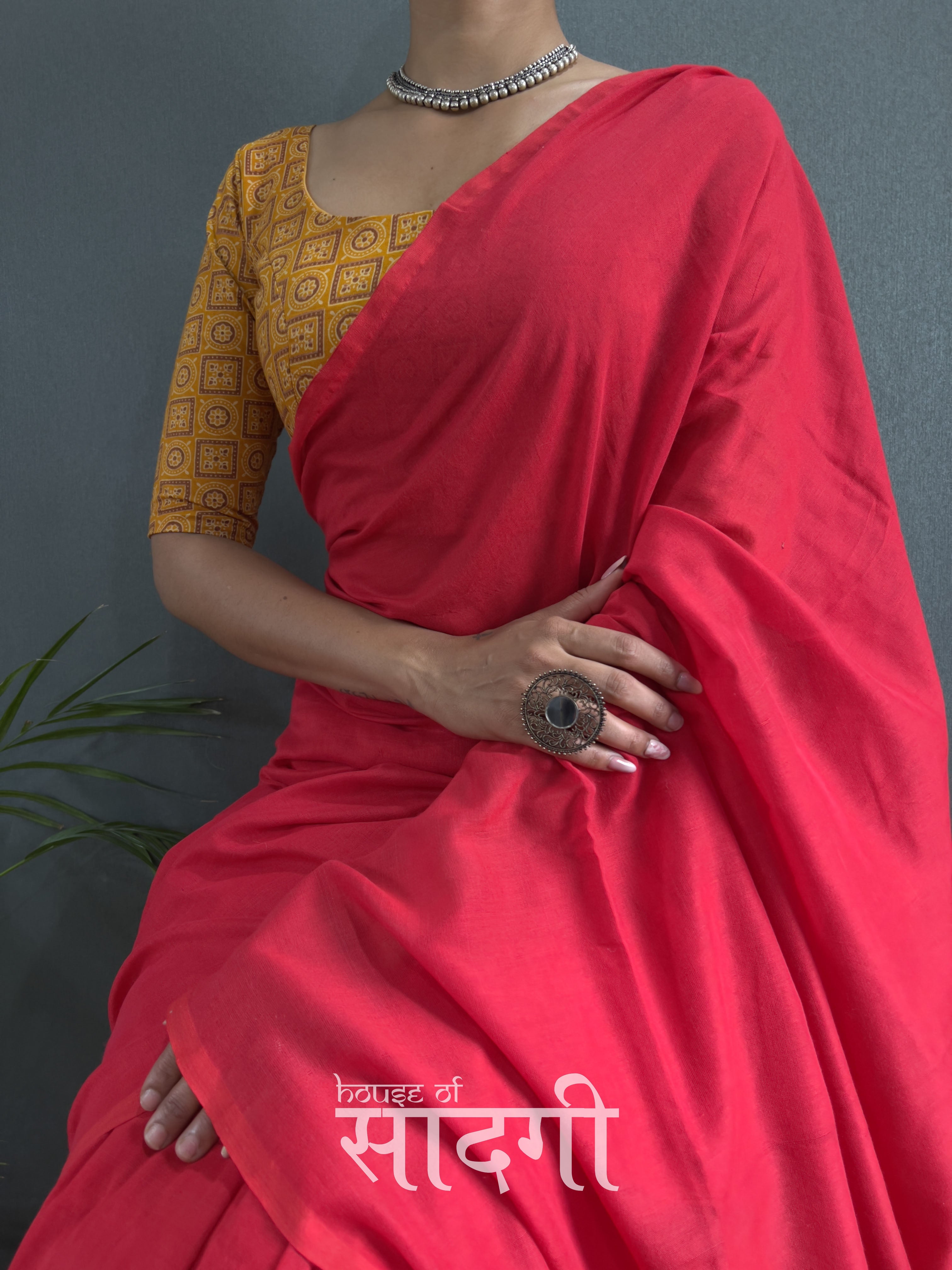 Red Handloom Cotton Saree With Yellow Printed Blouse