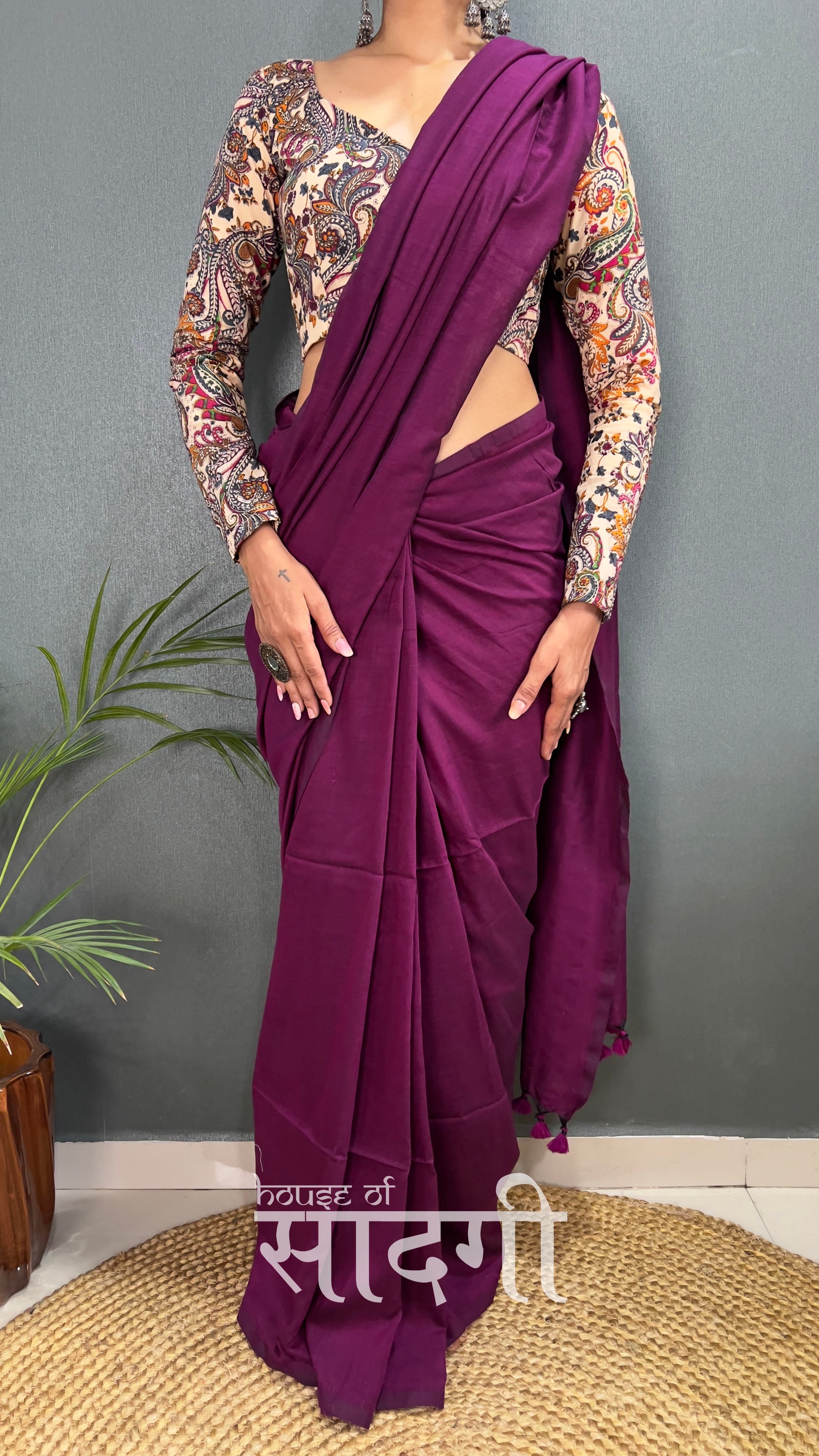 Wine Handloom Cotton Saree With Mango Printed Blouse