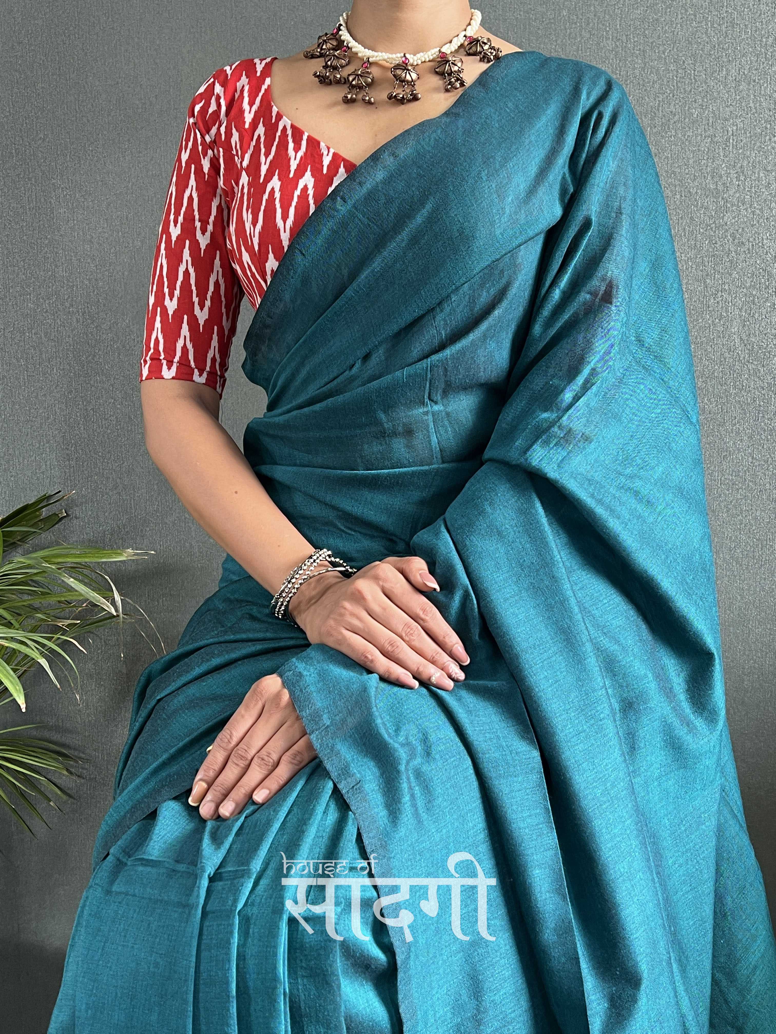 Rama Handloom Cotton Saree With Zig Zag Printed Blouse