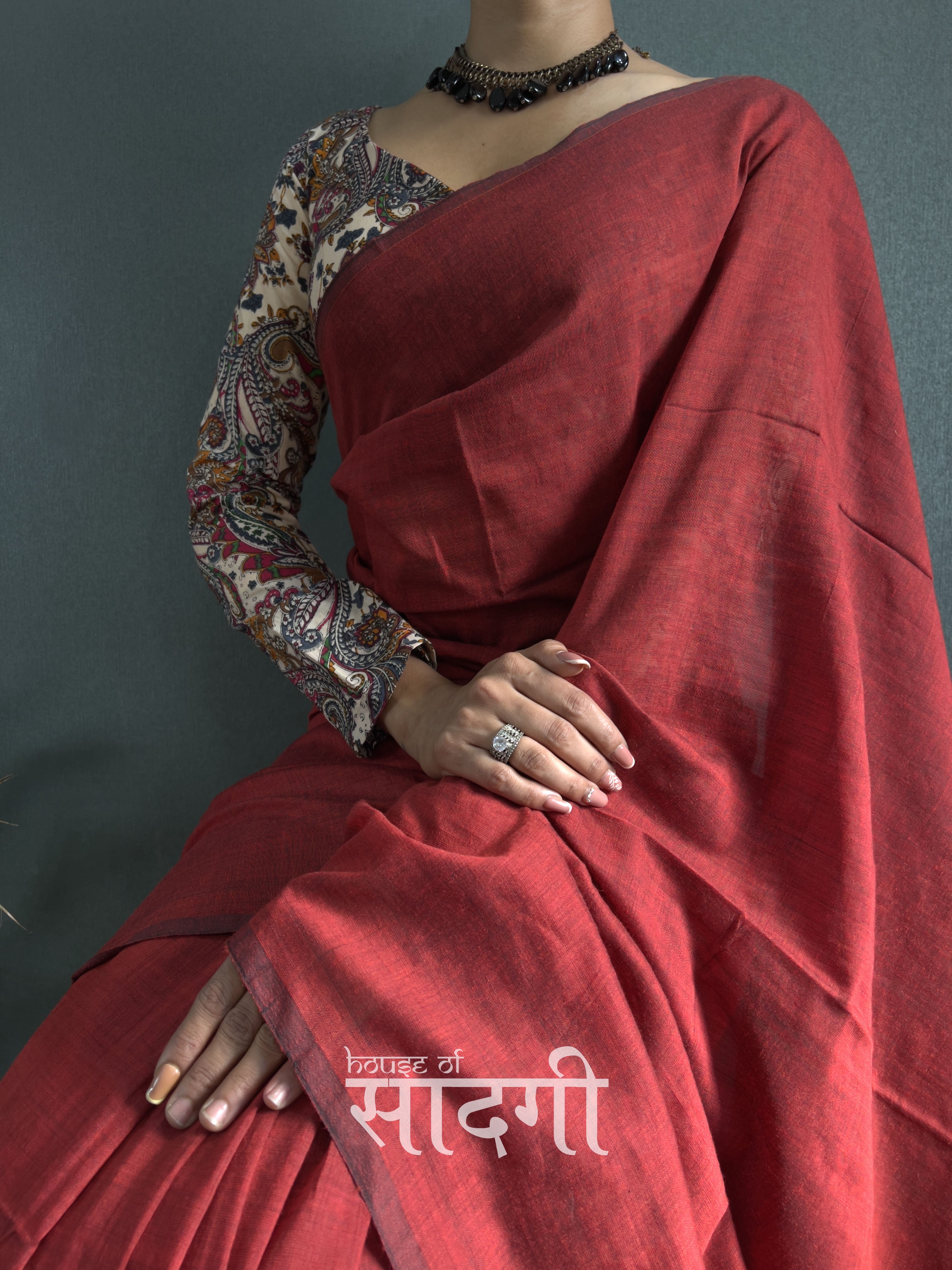 Light Maroon Handloom Cotton Saree With Mango Printed Blouse