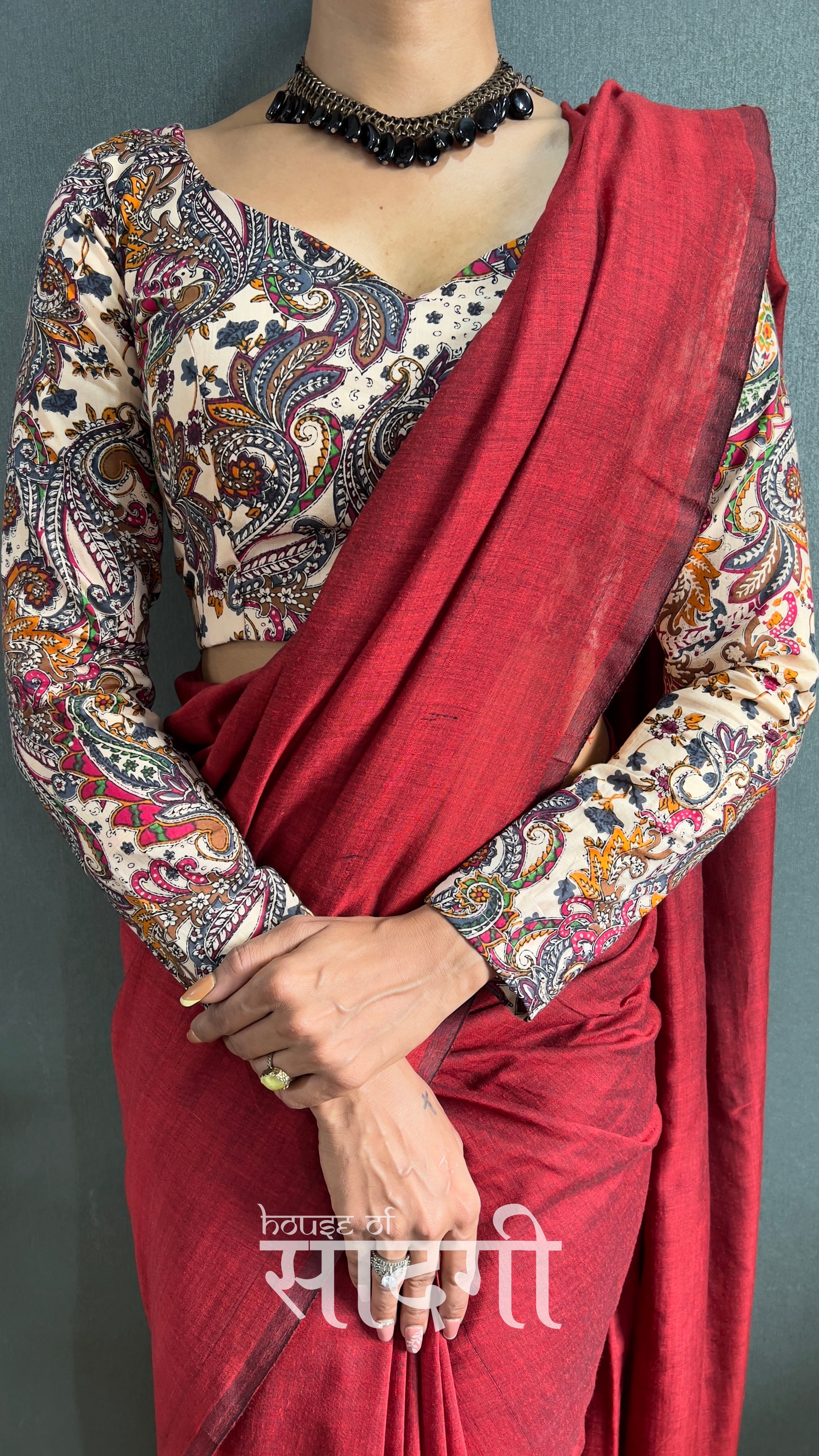 Light Maroon Handloom Cotton Saree With Mango Printed Blouse