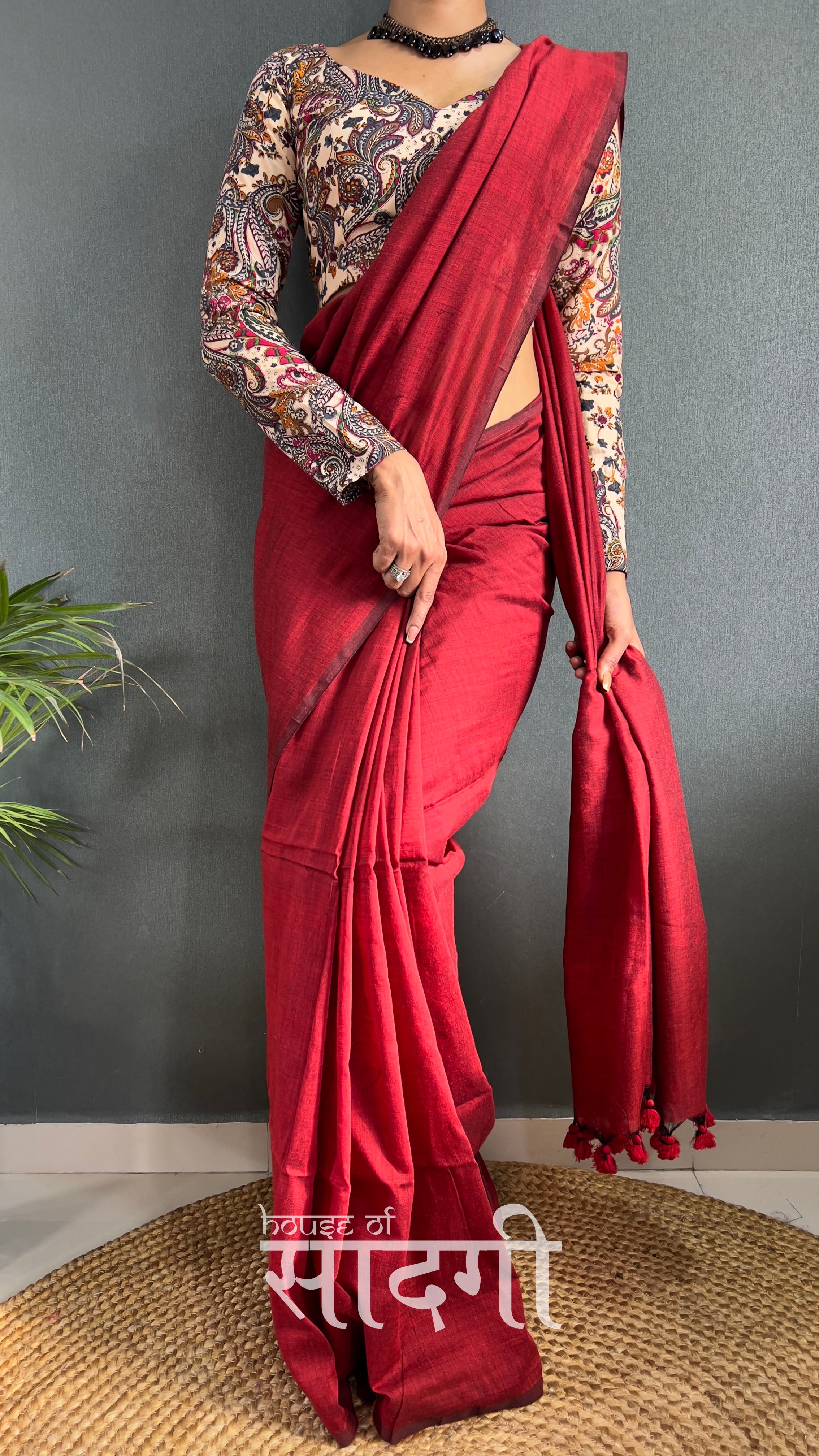 Light Maroon Handloom Cotton Saree With Mango Printed Blouse