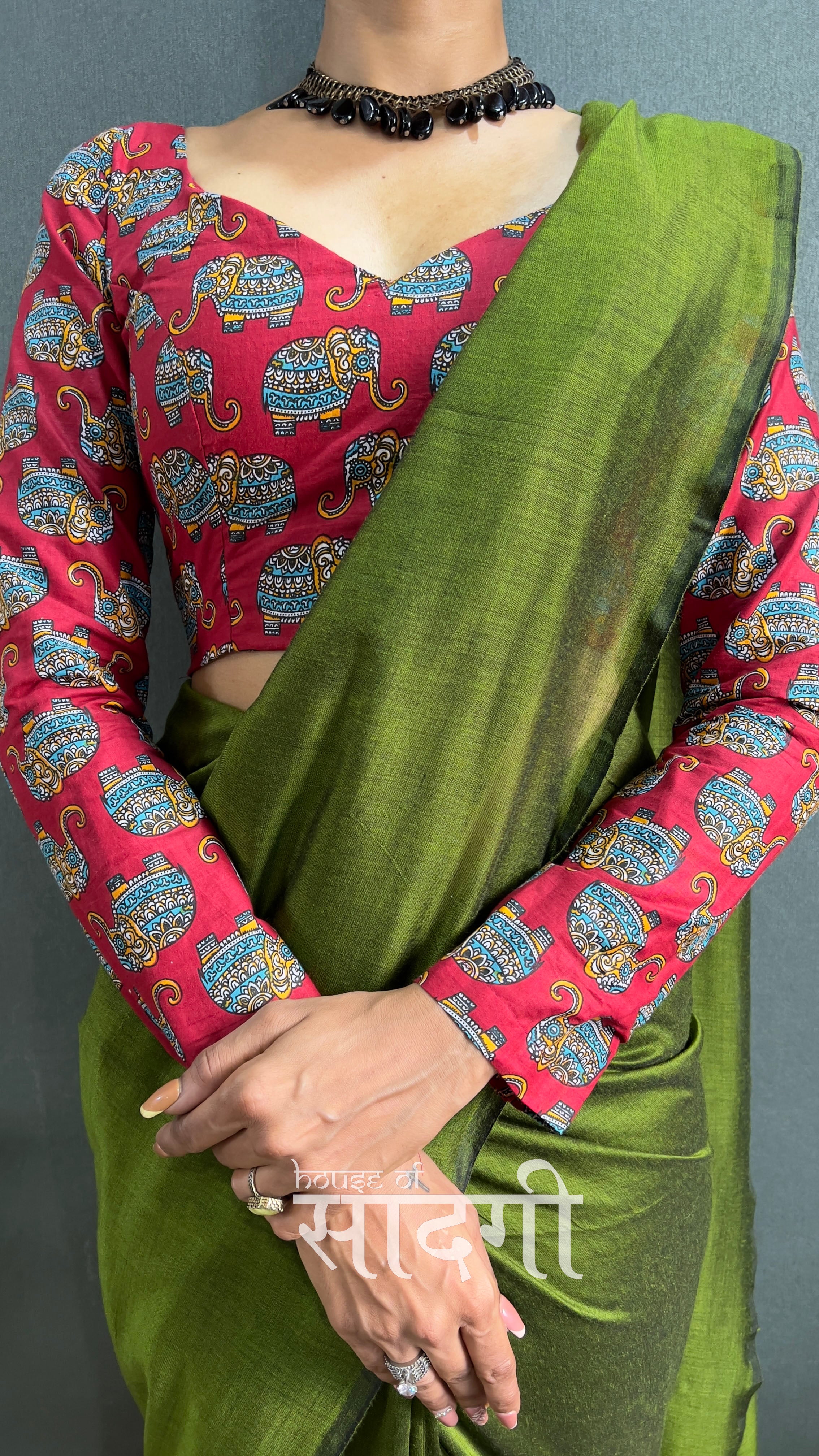 Mehndi Handloom Cotton Saree With Elephant Printed Blouse