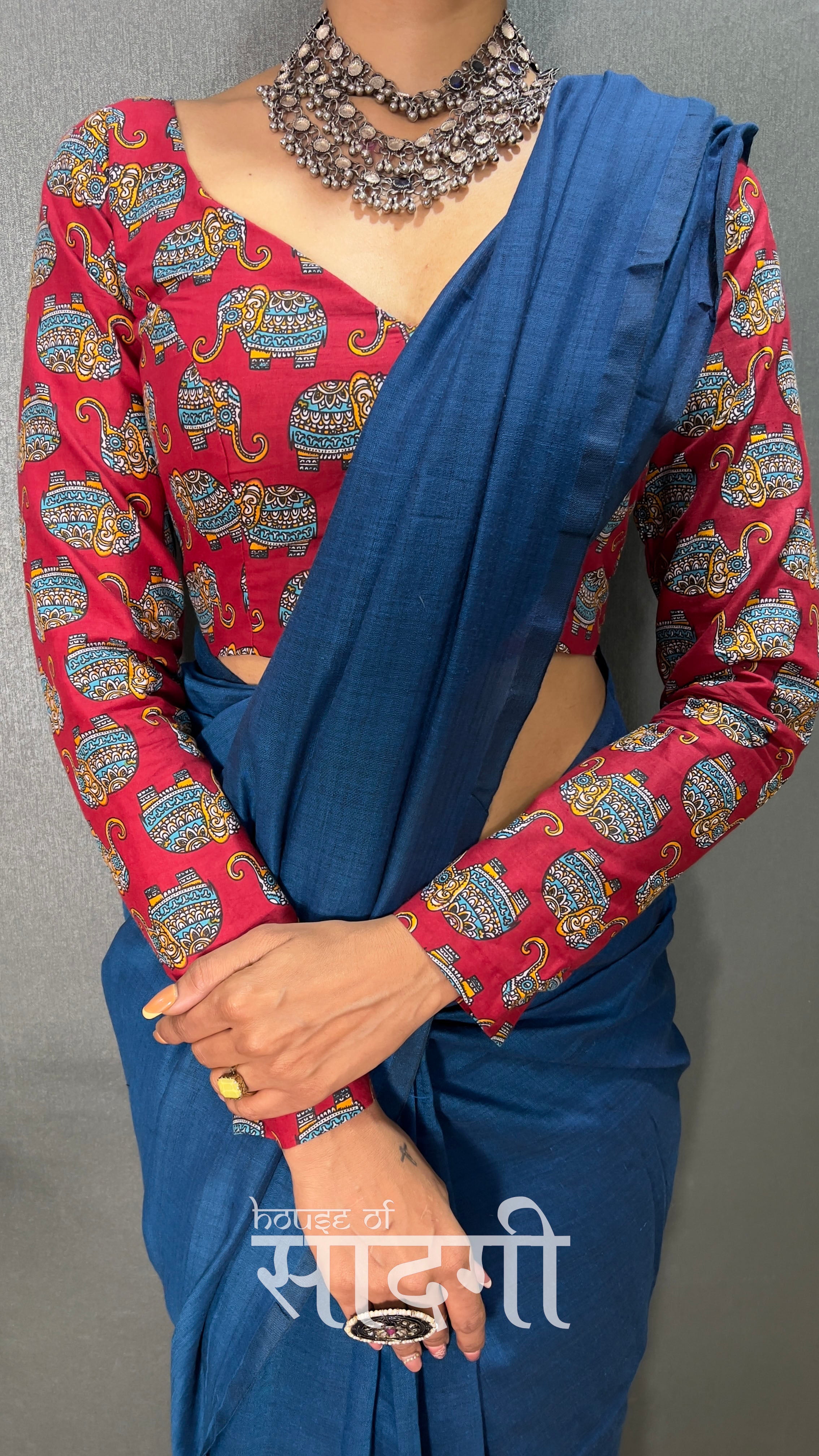 Firoji Handloom Cotton Saree With Elephant Printed Blouse