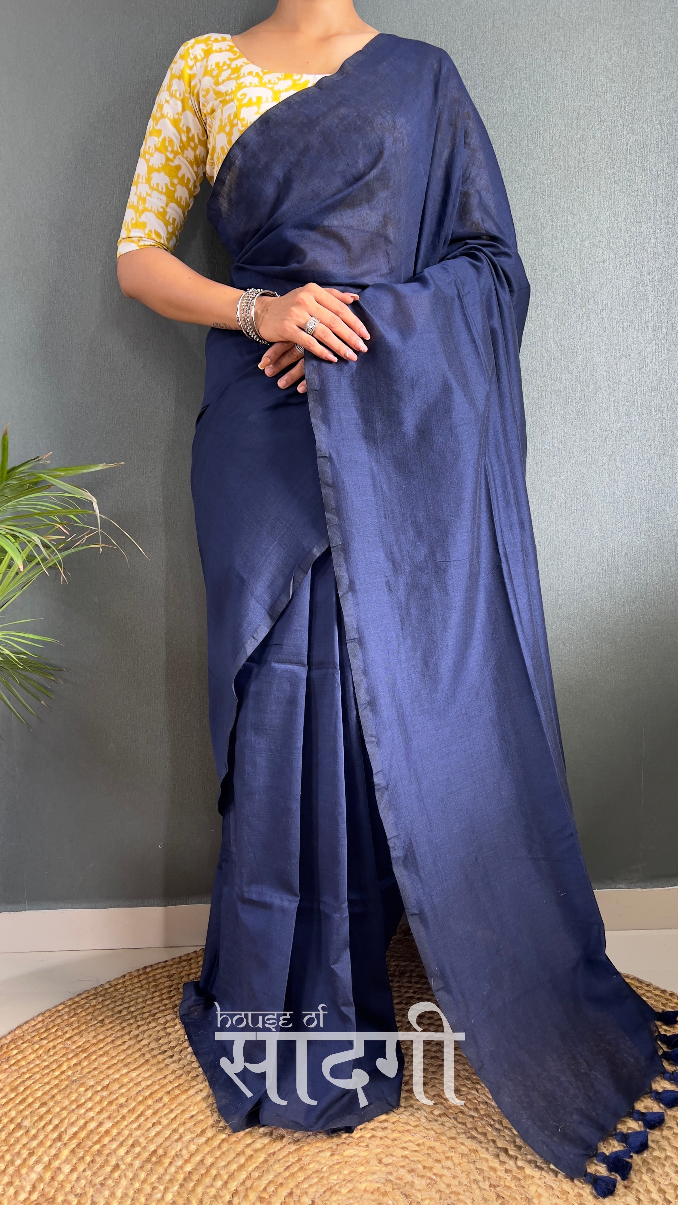 Navy Blue Handloom Cotton Saree With Elephant Printed Blouse