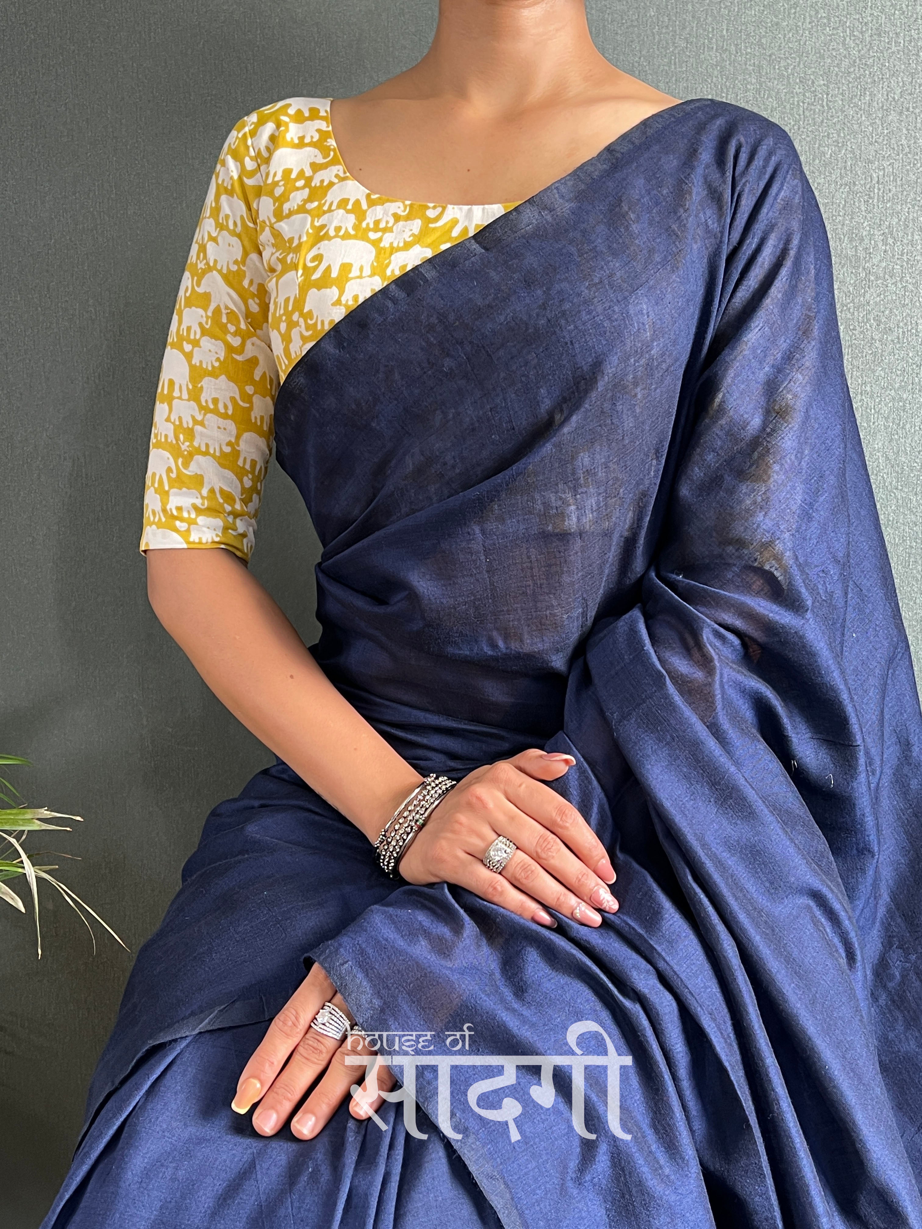 Navy Blue Handloom Cotton Saree With Elephant Printed Blouse