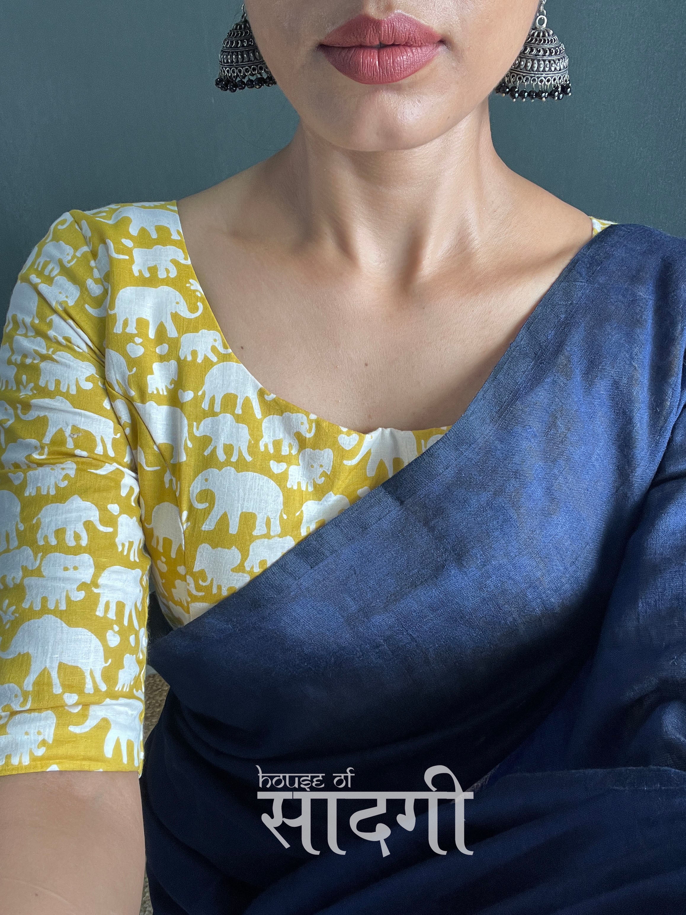 Navy Blue Handloom Cotton Saree With Elephant Printed Blouse