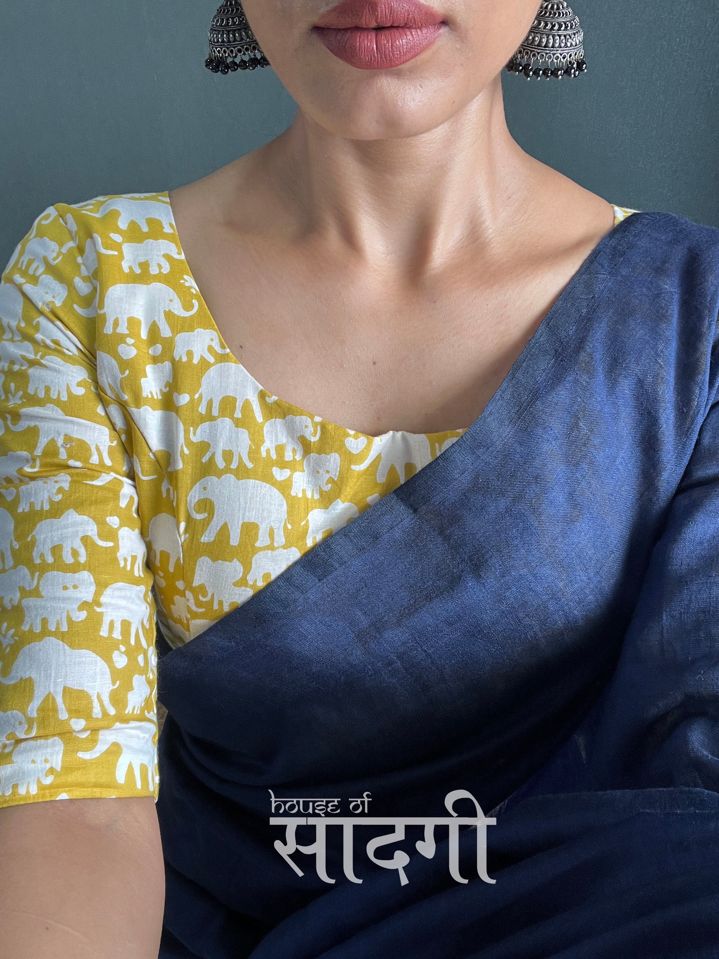 Navy Blue Handloom Cotton Saree With Elephant Printed Blouse