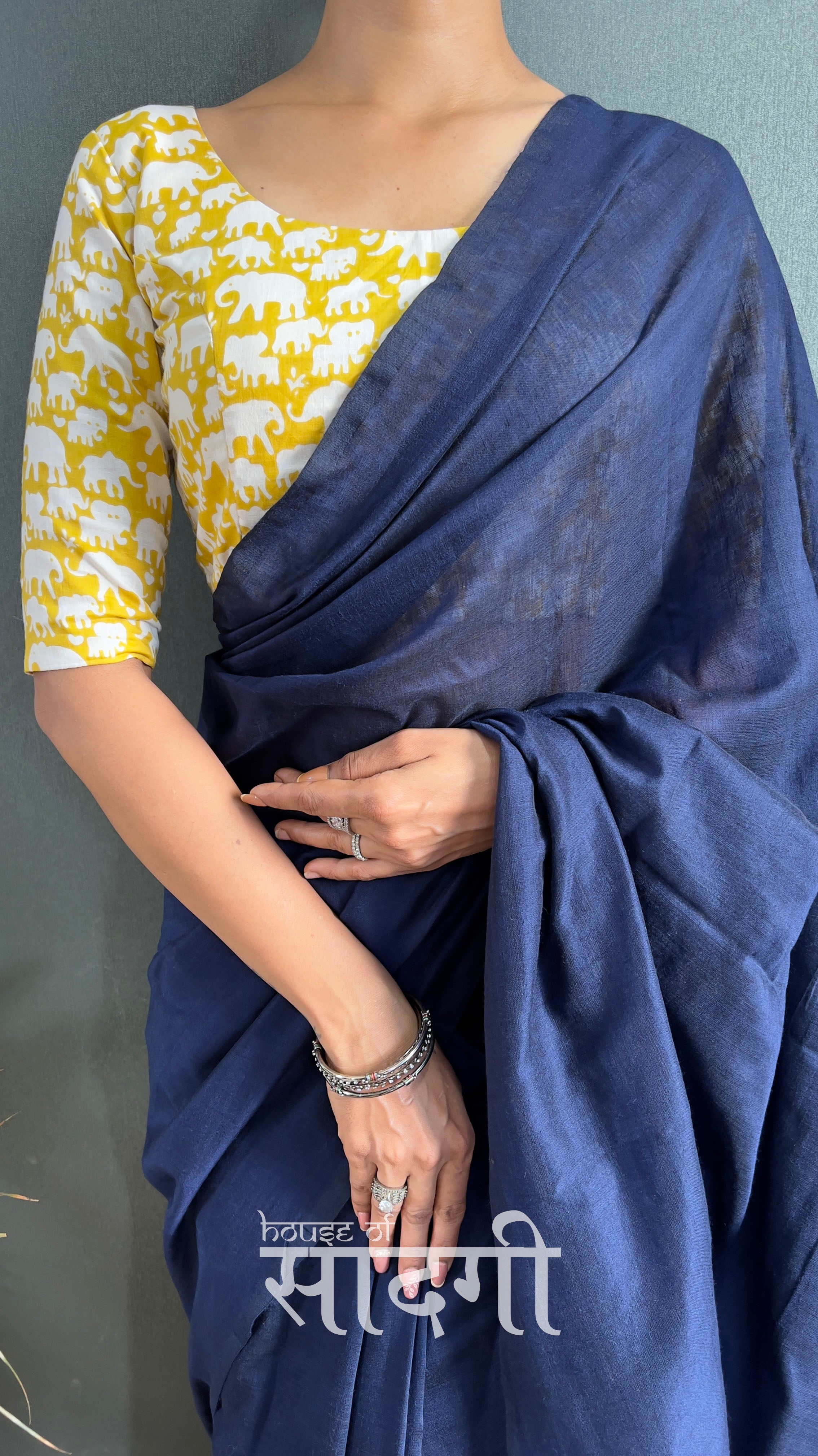 Navy Blue Handloom Cotton Saree With Elephant Printed Blouse