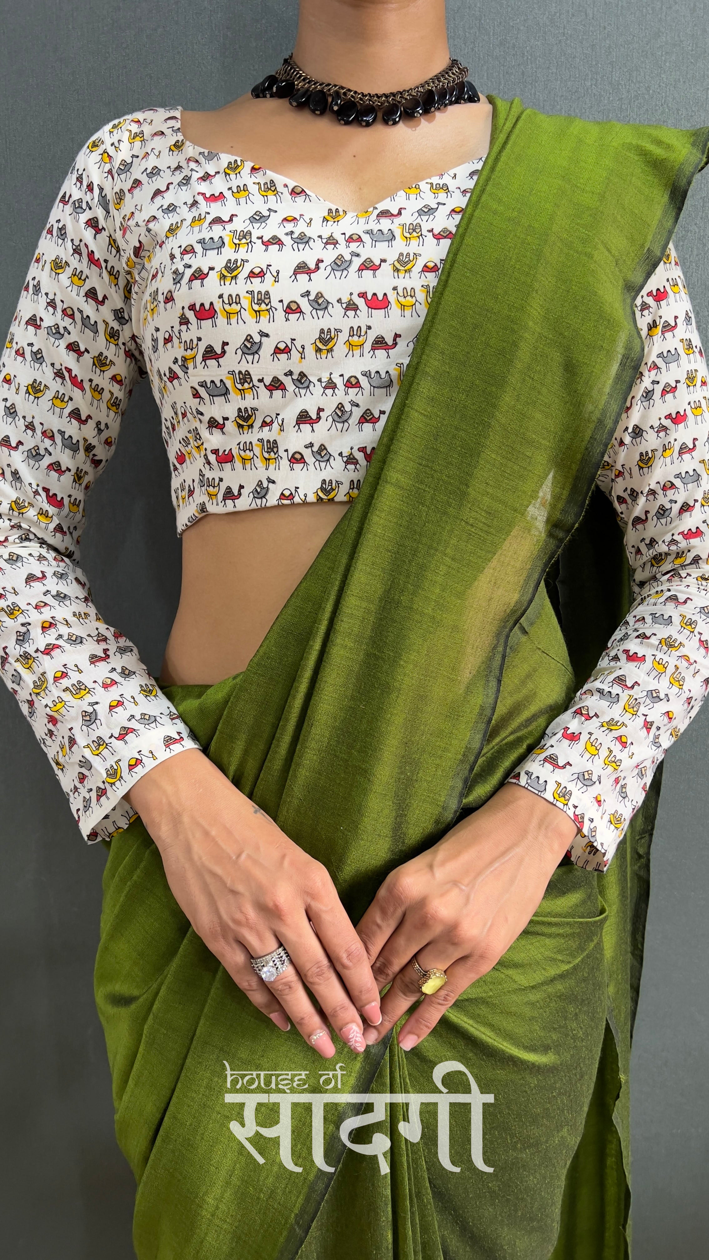 Mehndi Handloom Cotton Saree With Animal Printed Blouse