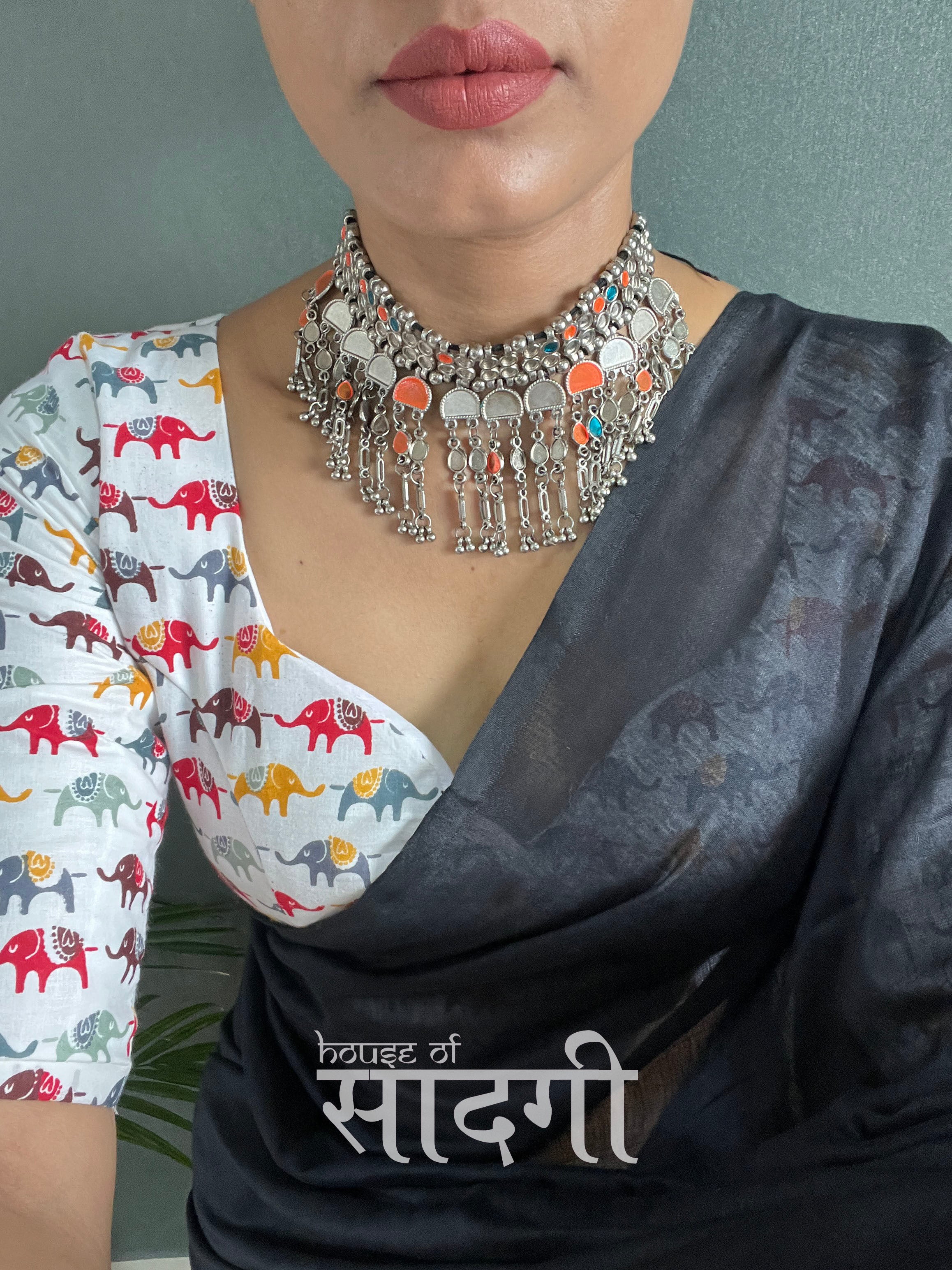 Black Handloom Cotton Saree With Elephant Printed Blouse