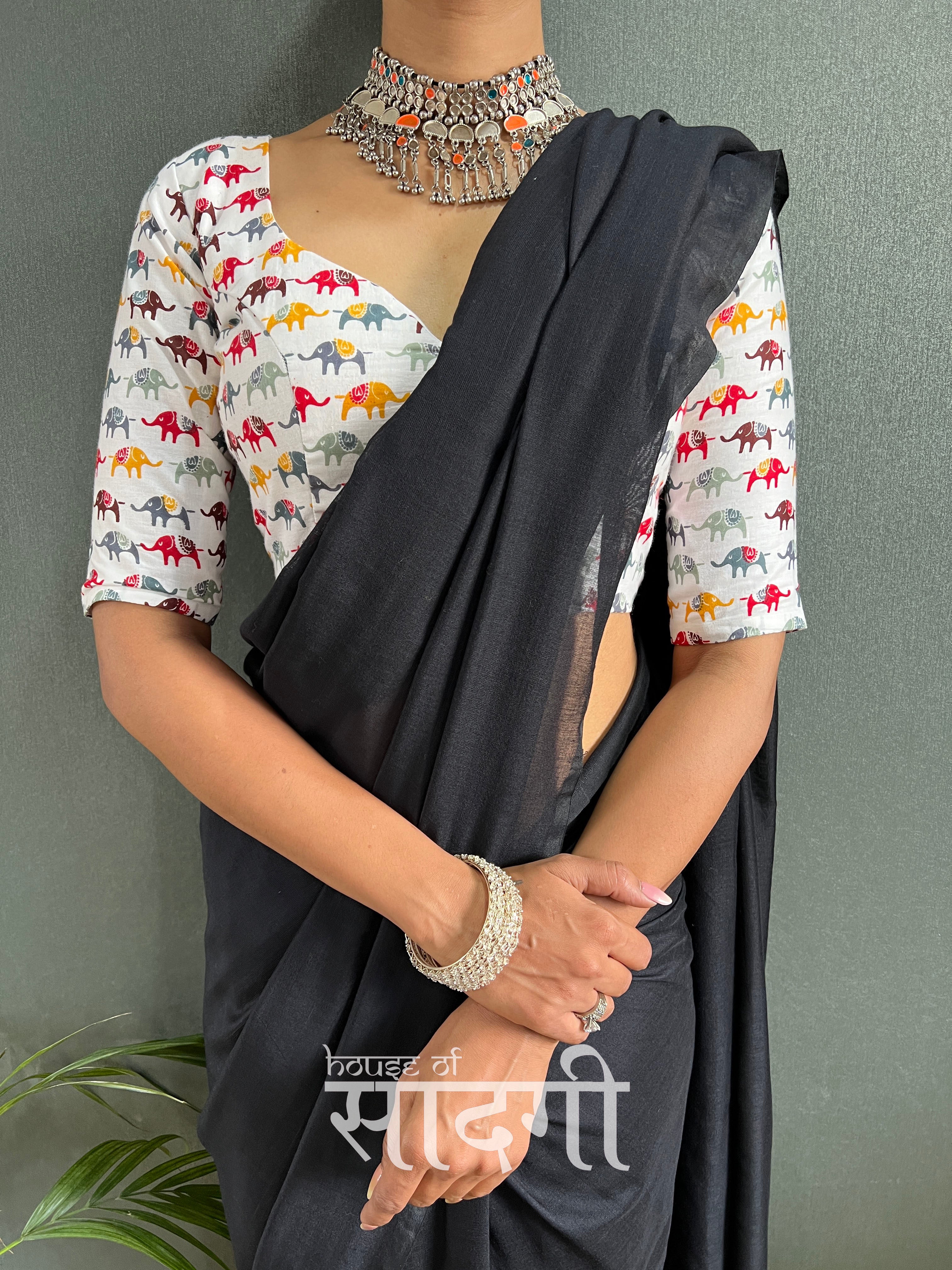 Black Handloom Cotton Saree With Elephant Printed Blouse