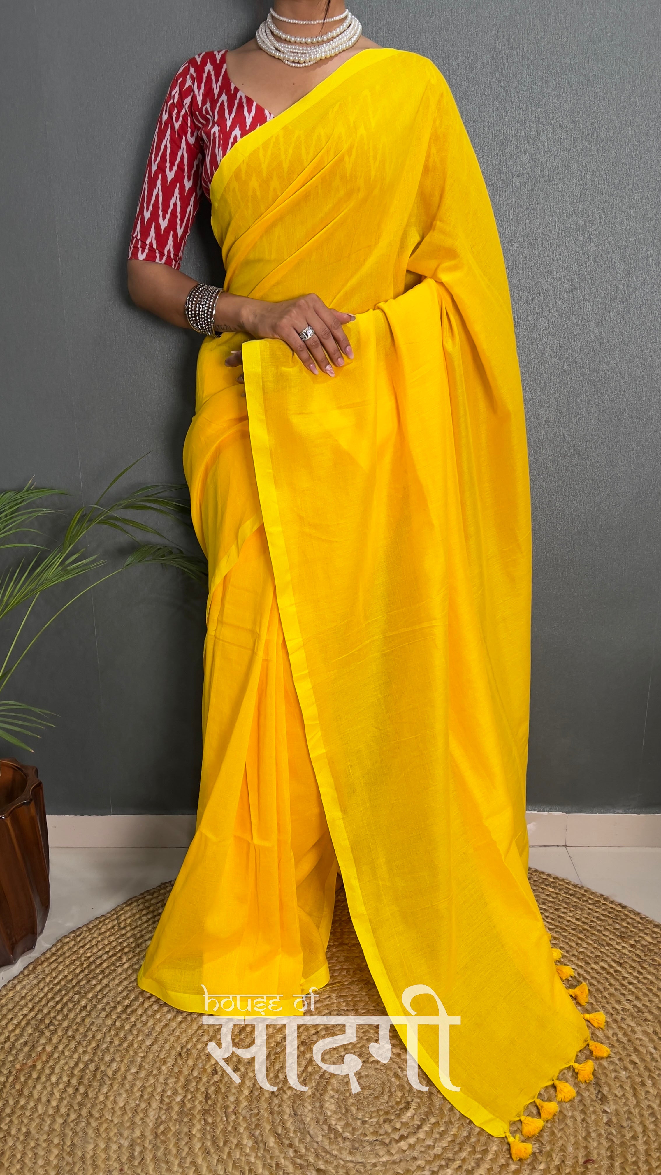 Yellow Handloom Cotton Saree With Red Zig Zag Printed Blouse