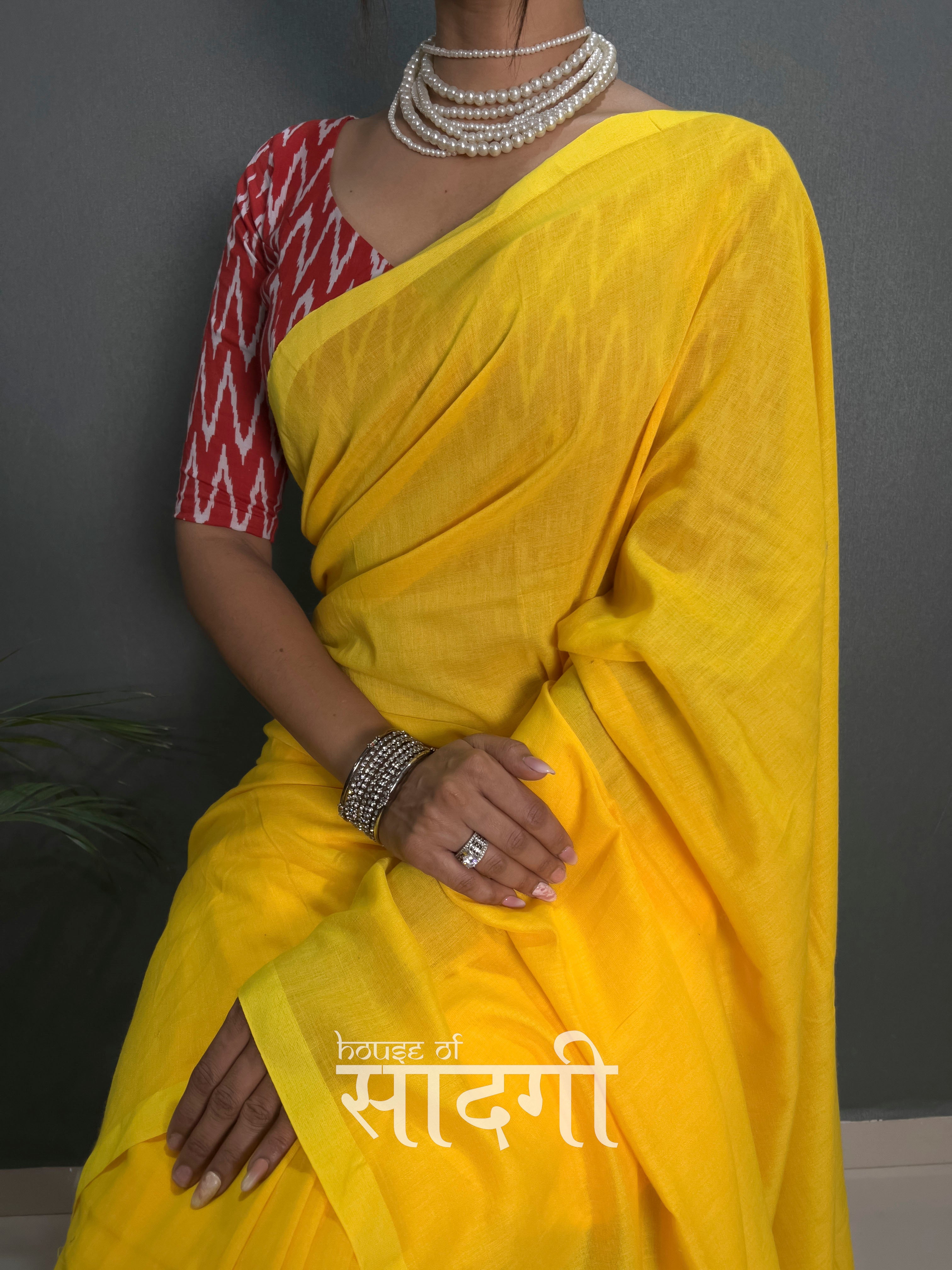 Yellow Handloom Cotton Saree With Red Zig Zag Printed Blouse