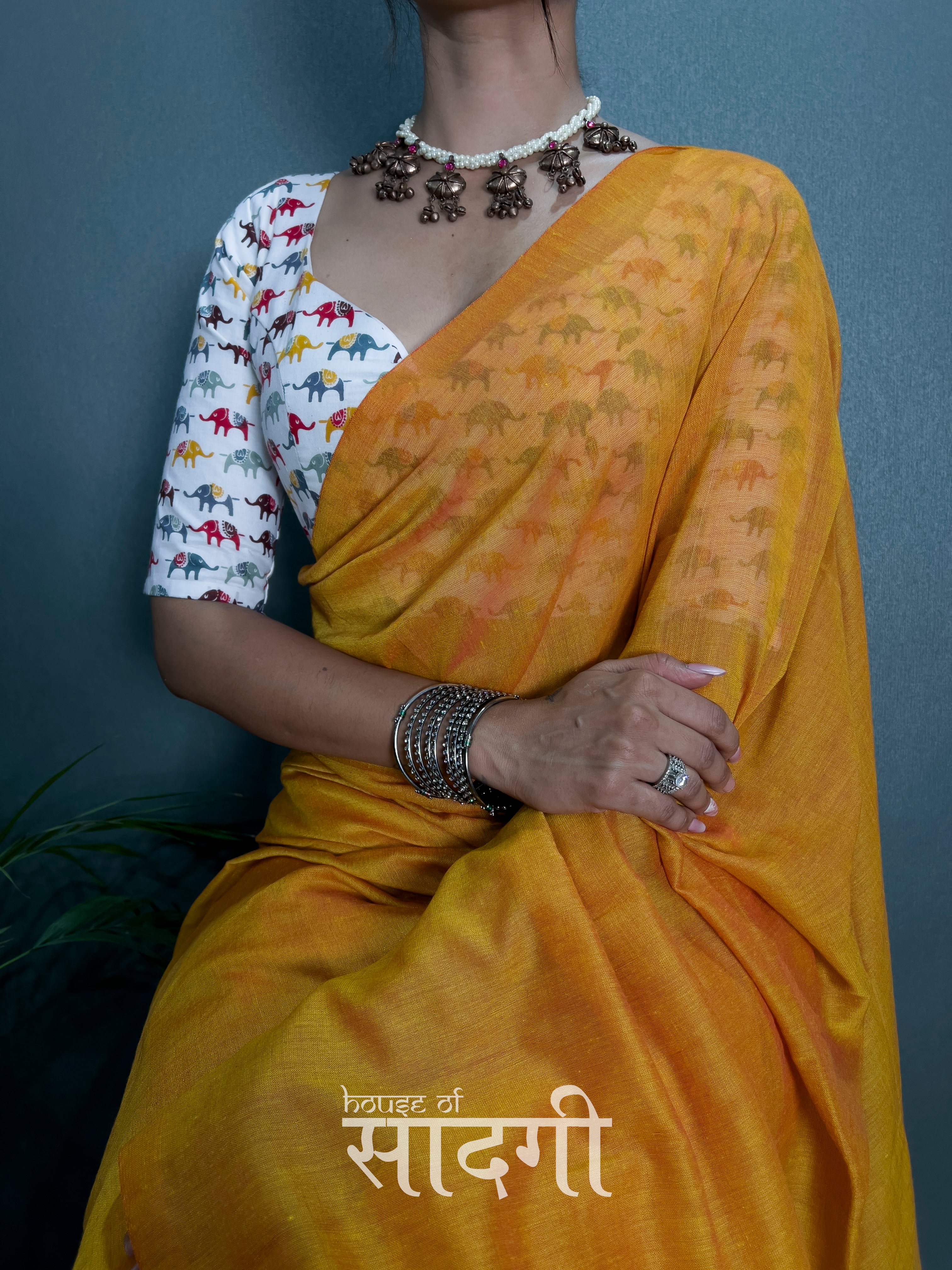 Mustard Handloom Cotton Saree With  Animal  Printed Blouse