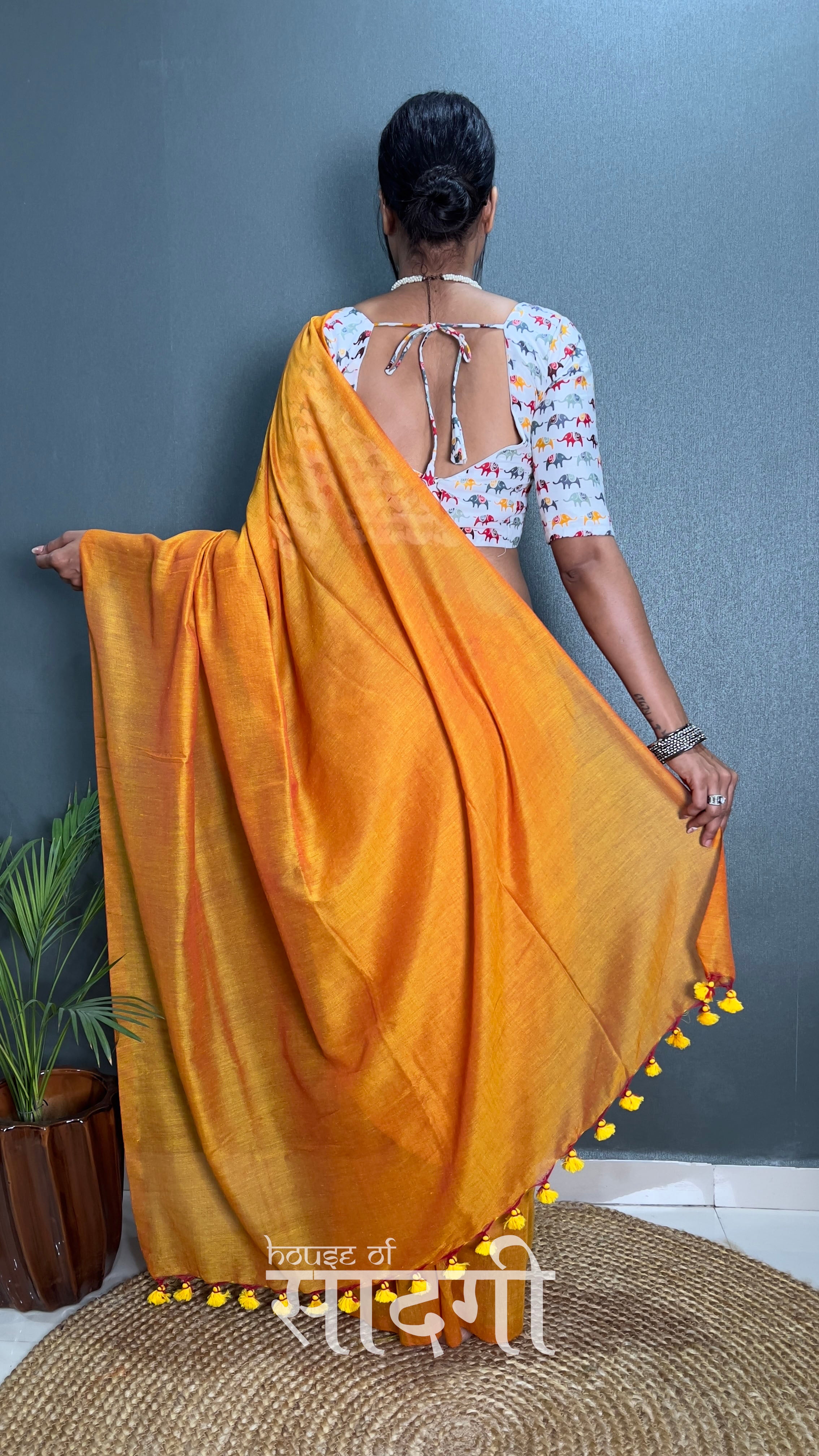 Mustard Handloom Cotton Saree With  Animal  Printed Blouse