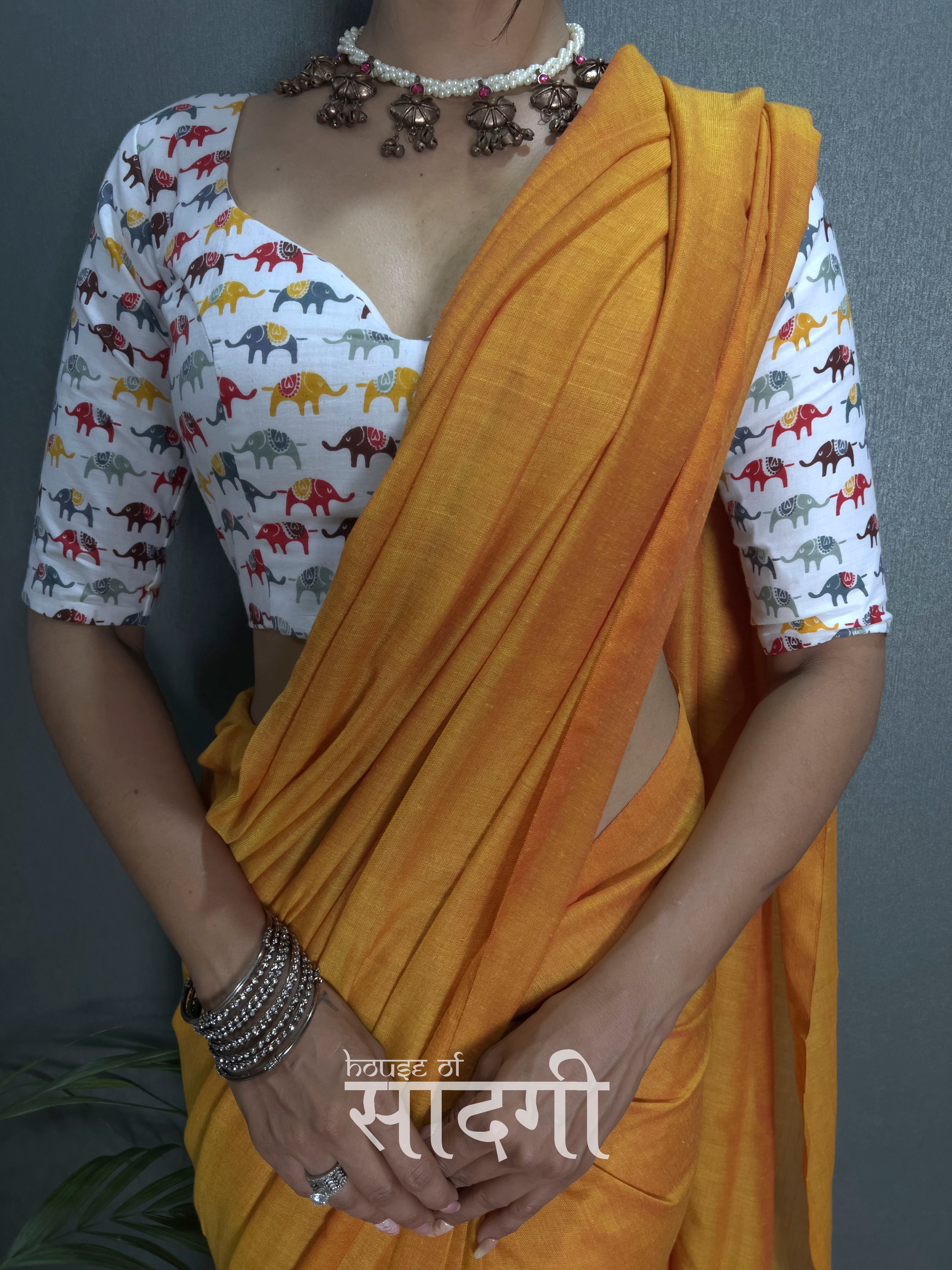 Mustard Handloom Cotton Saree With  Animal  Printed Blouse