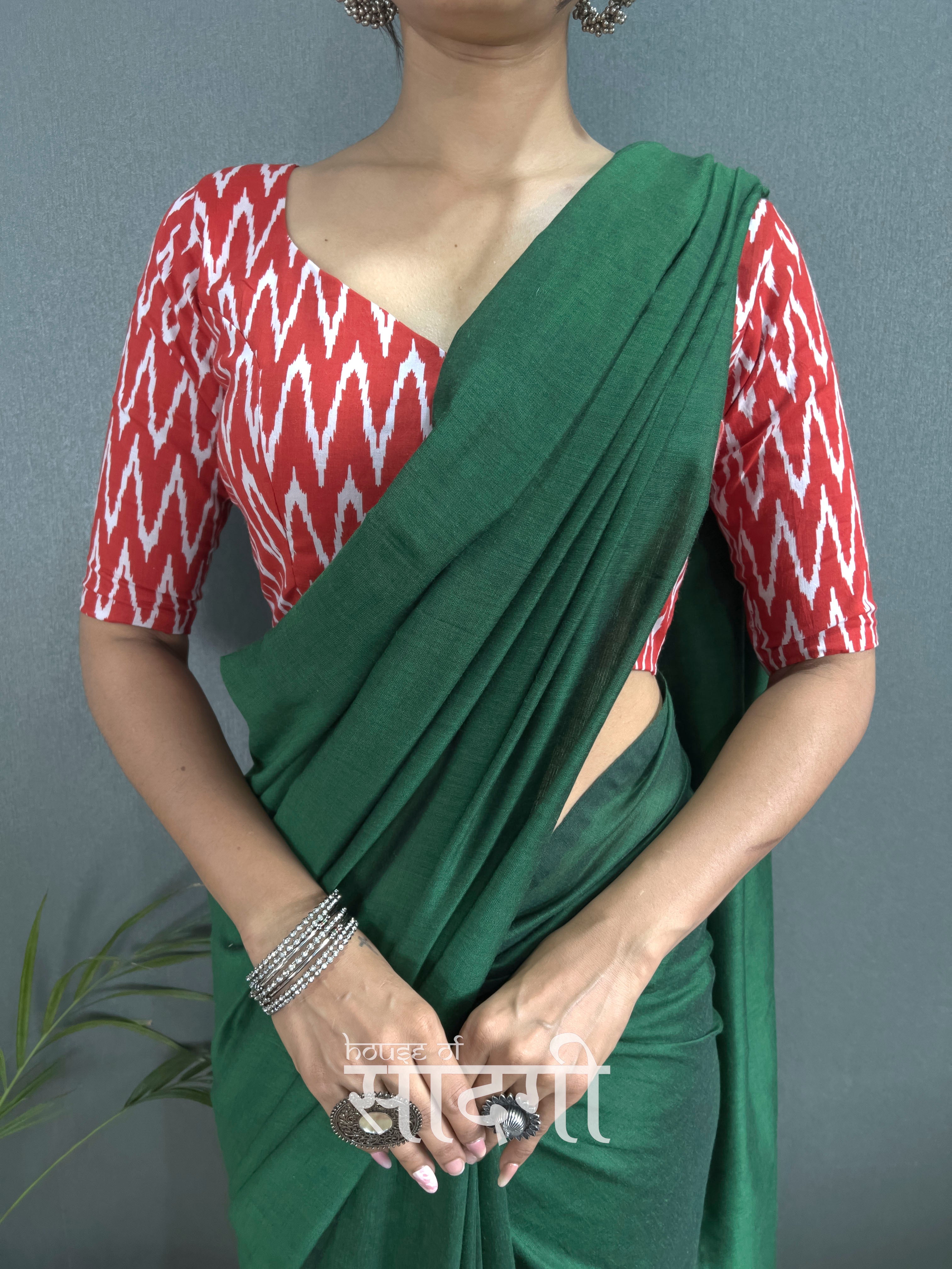 Green Handloom Cotton Saree With Zig Zag Printed Blouse