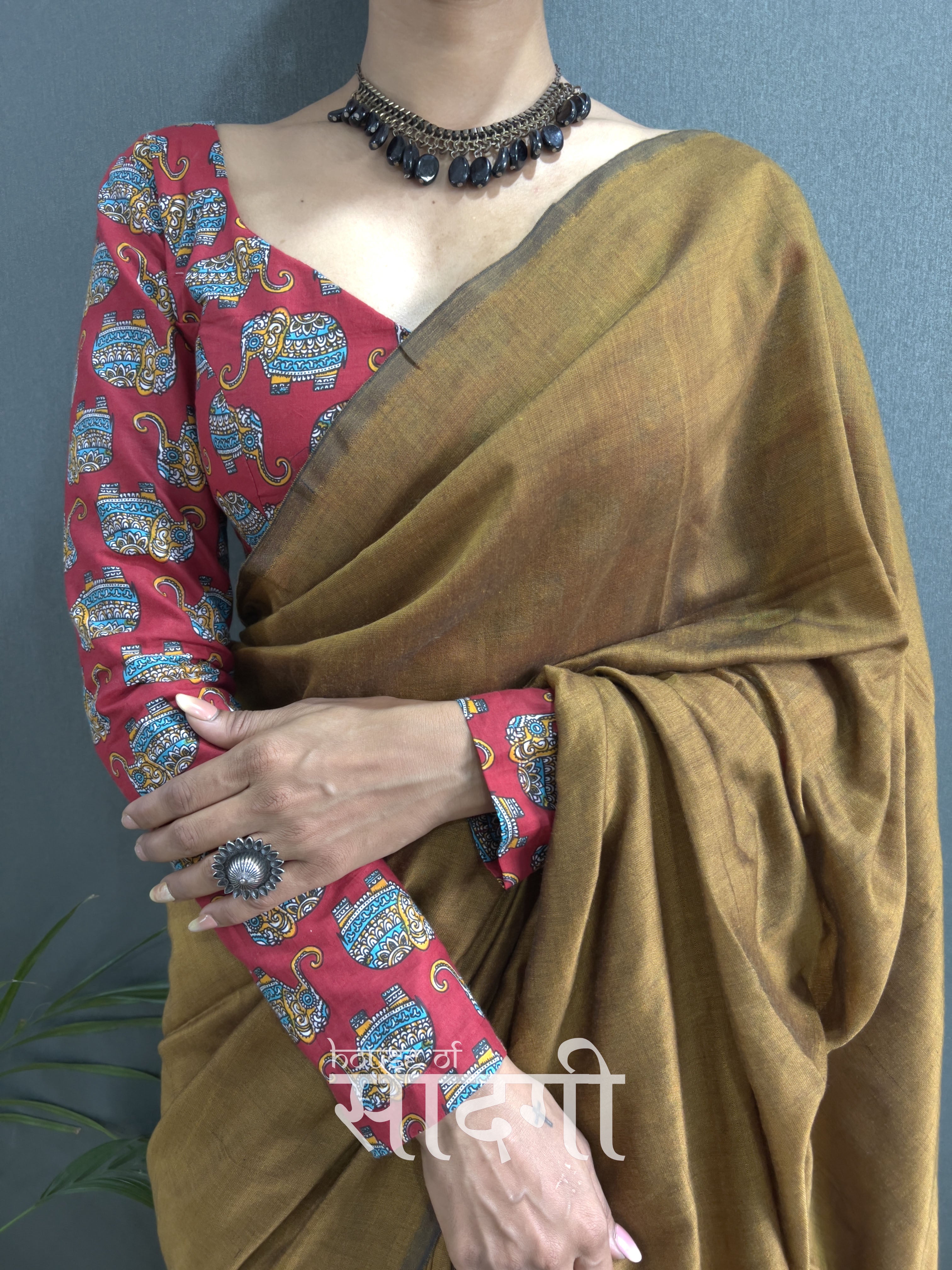 Golden Handloom Cotton Saree With Elephant Printed Blouse