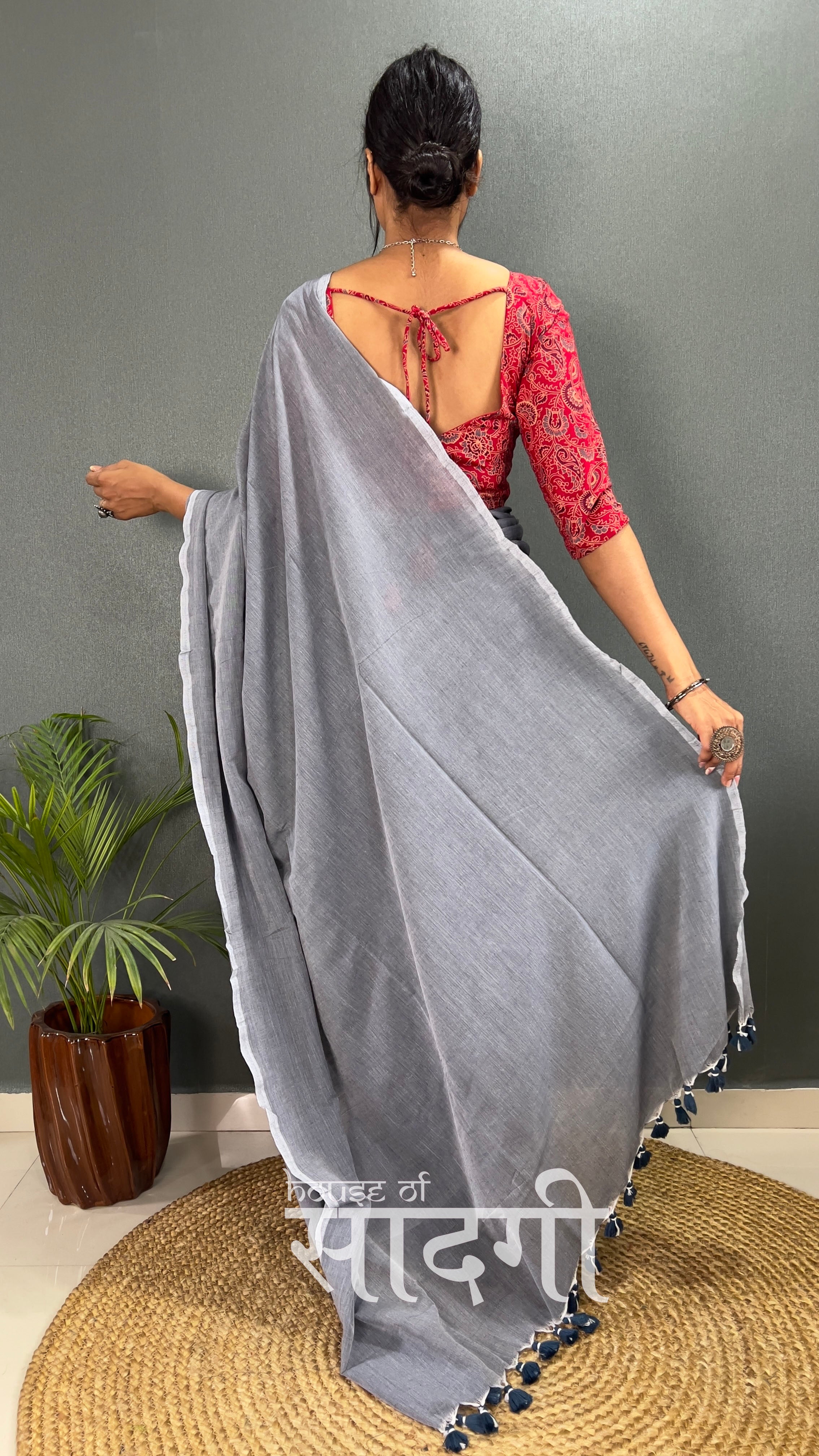 Grey Handloom Cotton Saree With Red Mango Printed Blouse