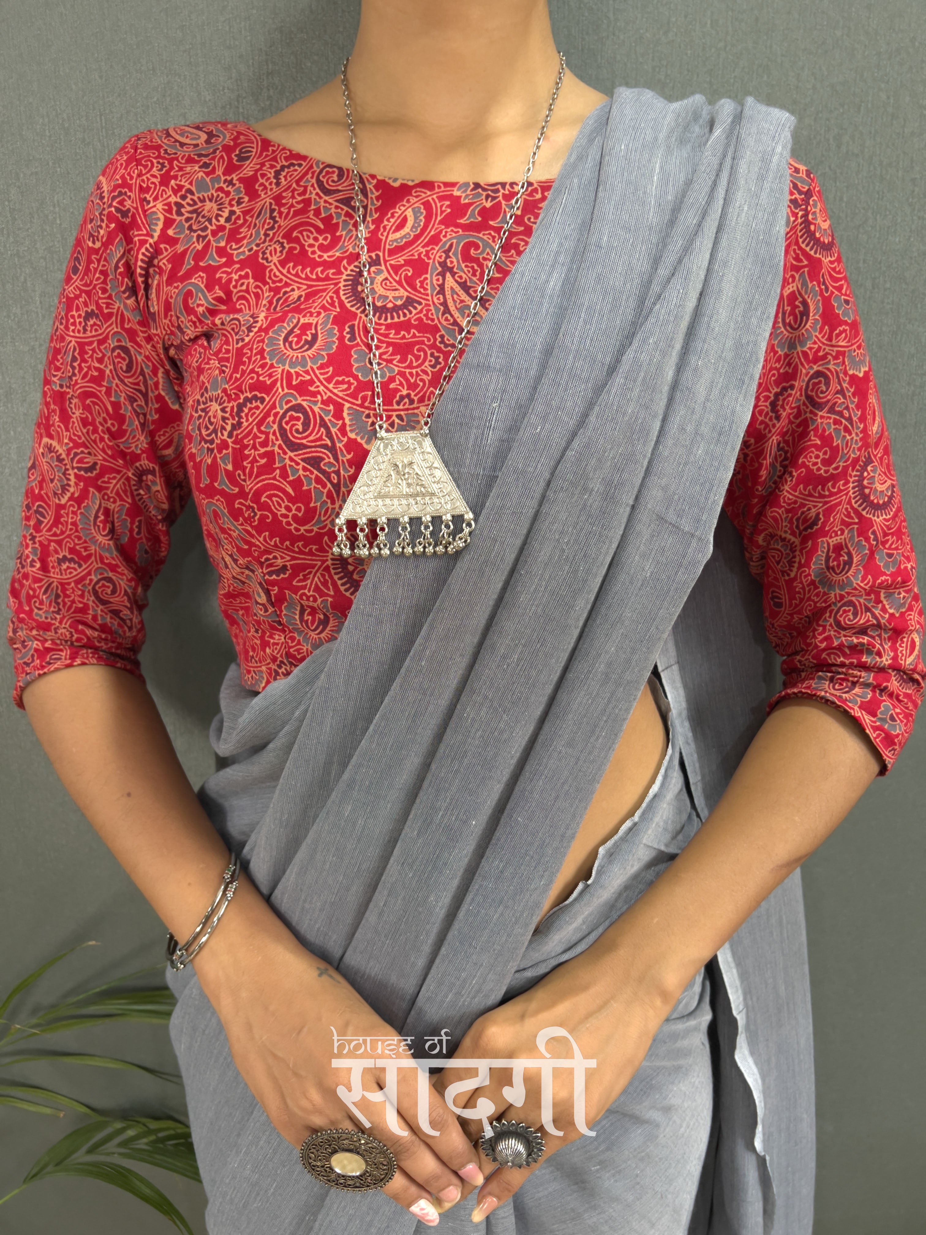 Grey Handloom Cotton Saree With Red Mango Printed Blouse