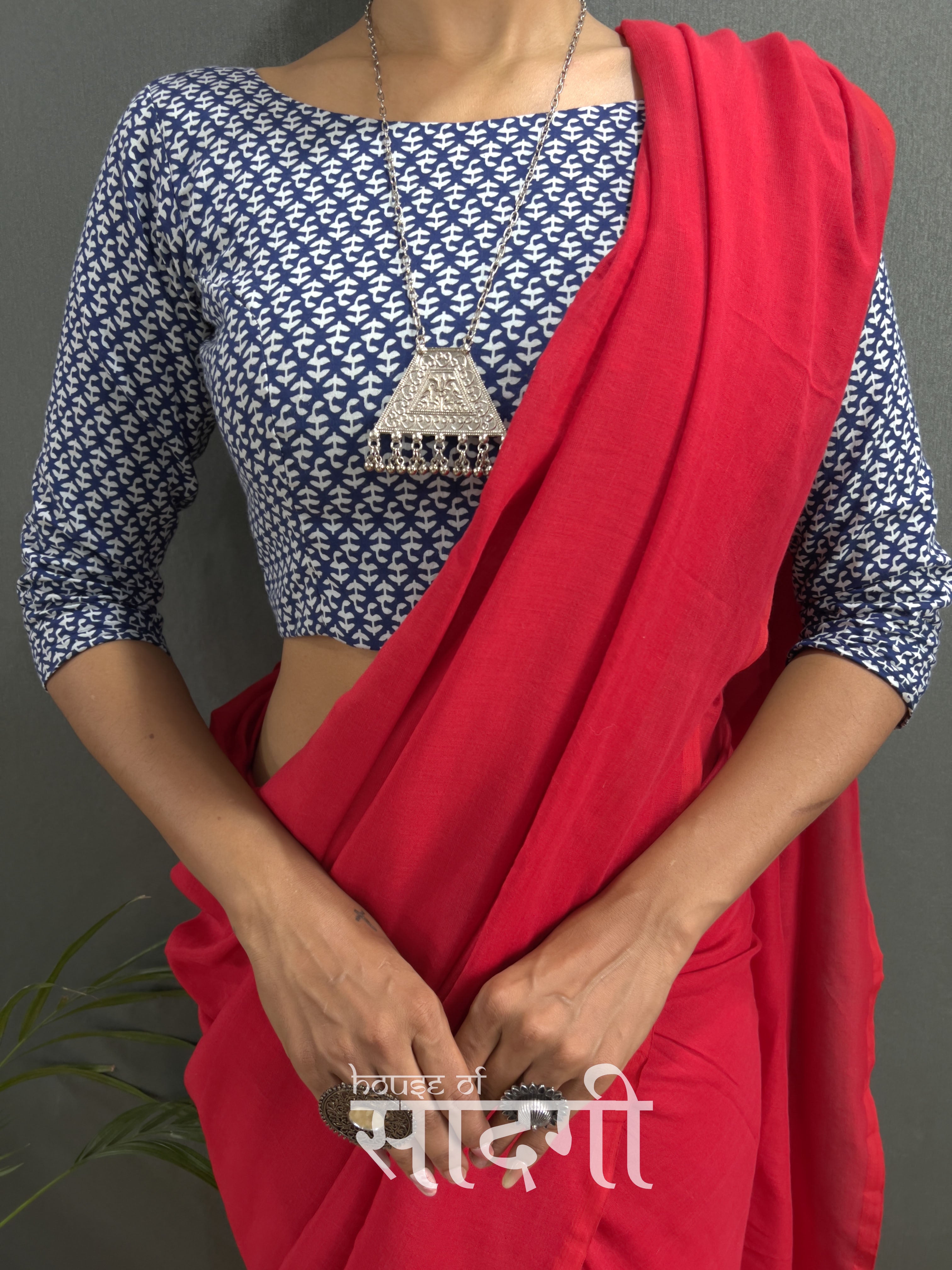 Red Handloom Cotton Saree With Blue Printed Blouse