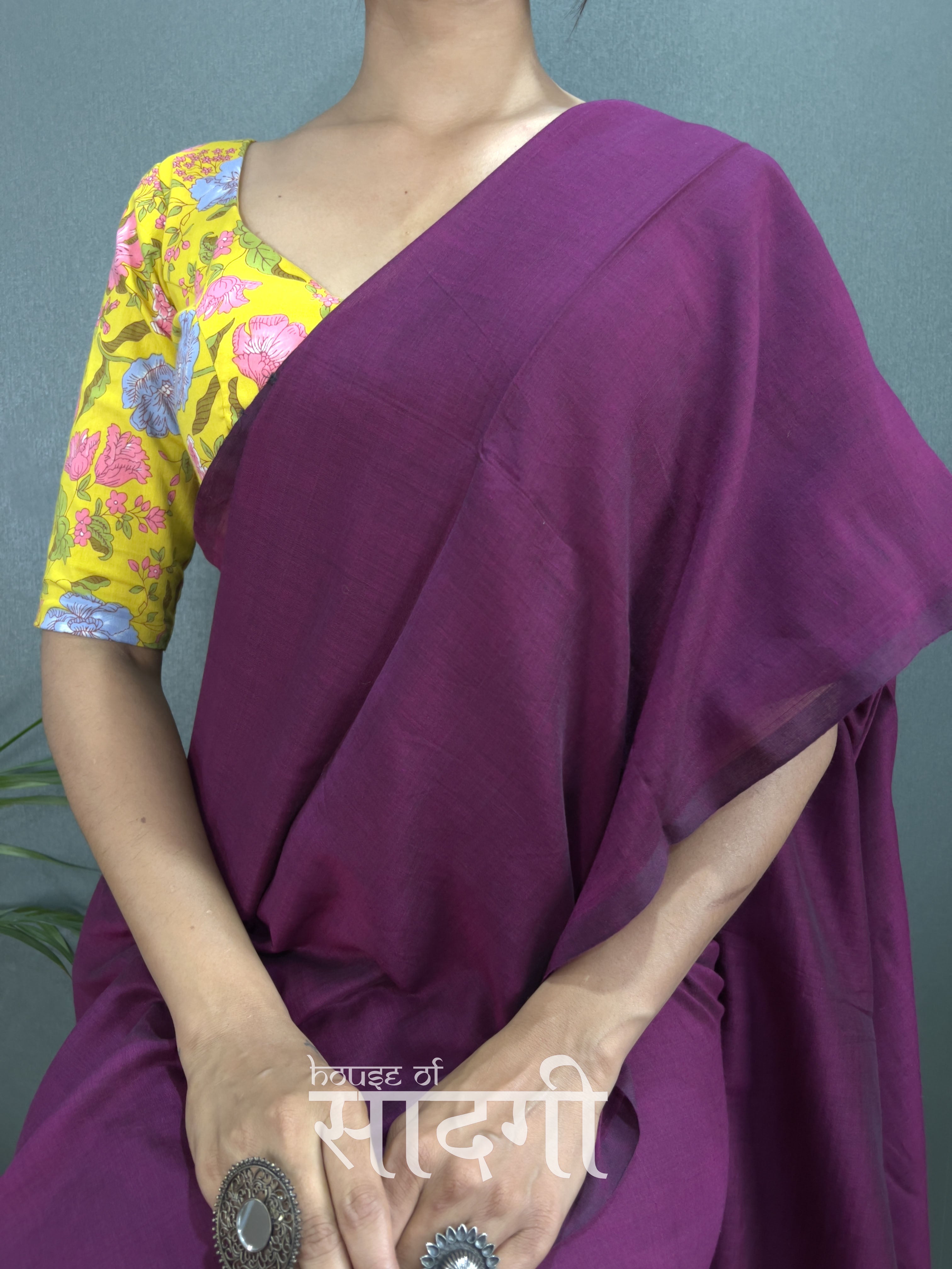 Wine Handloom Cotton Saree With Flower Printed Blouse