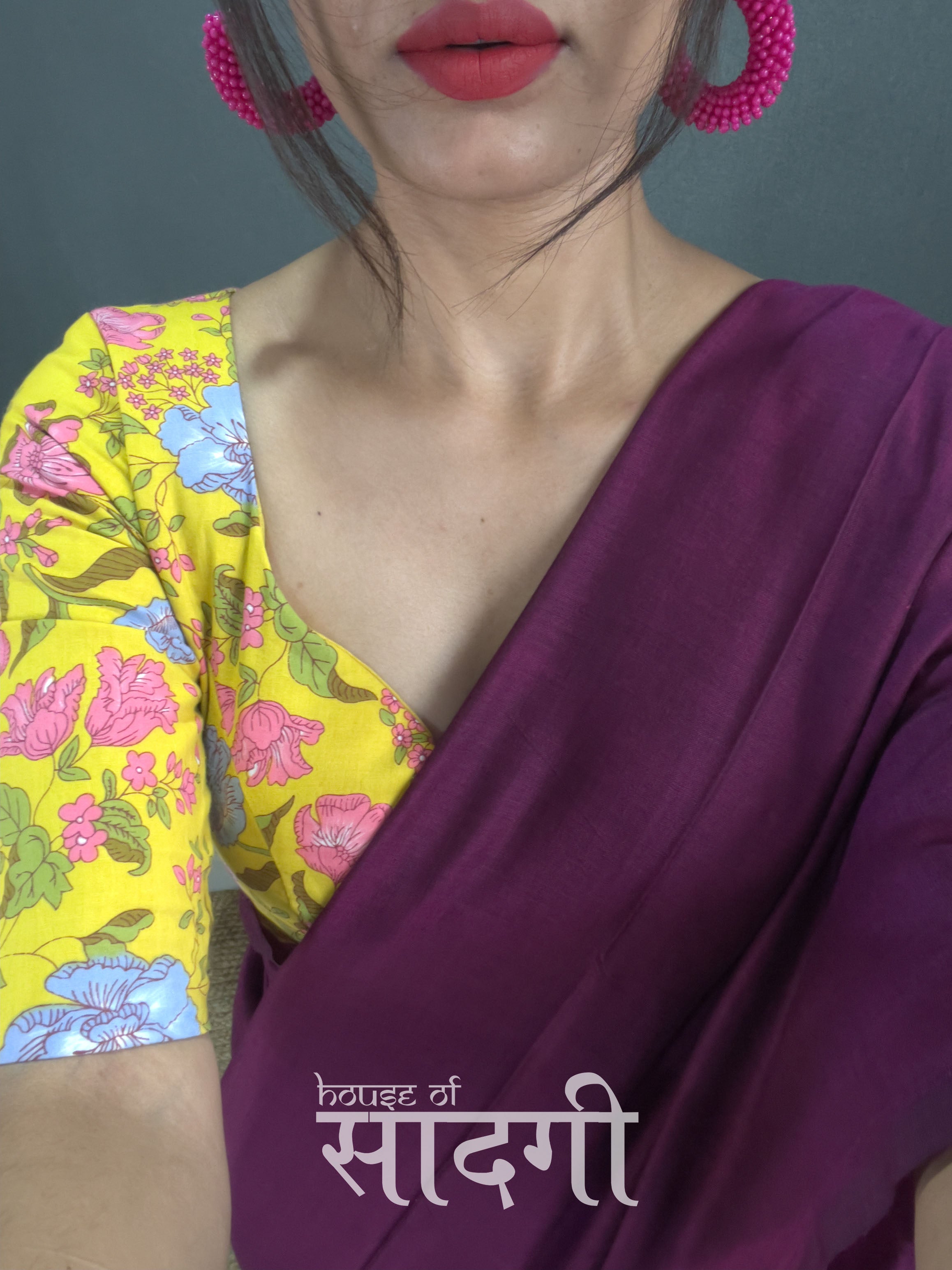 Wine Handloom Cotton Saree With Flower Printed Blouse