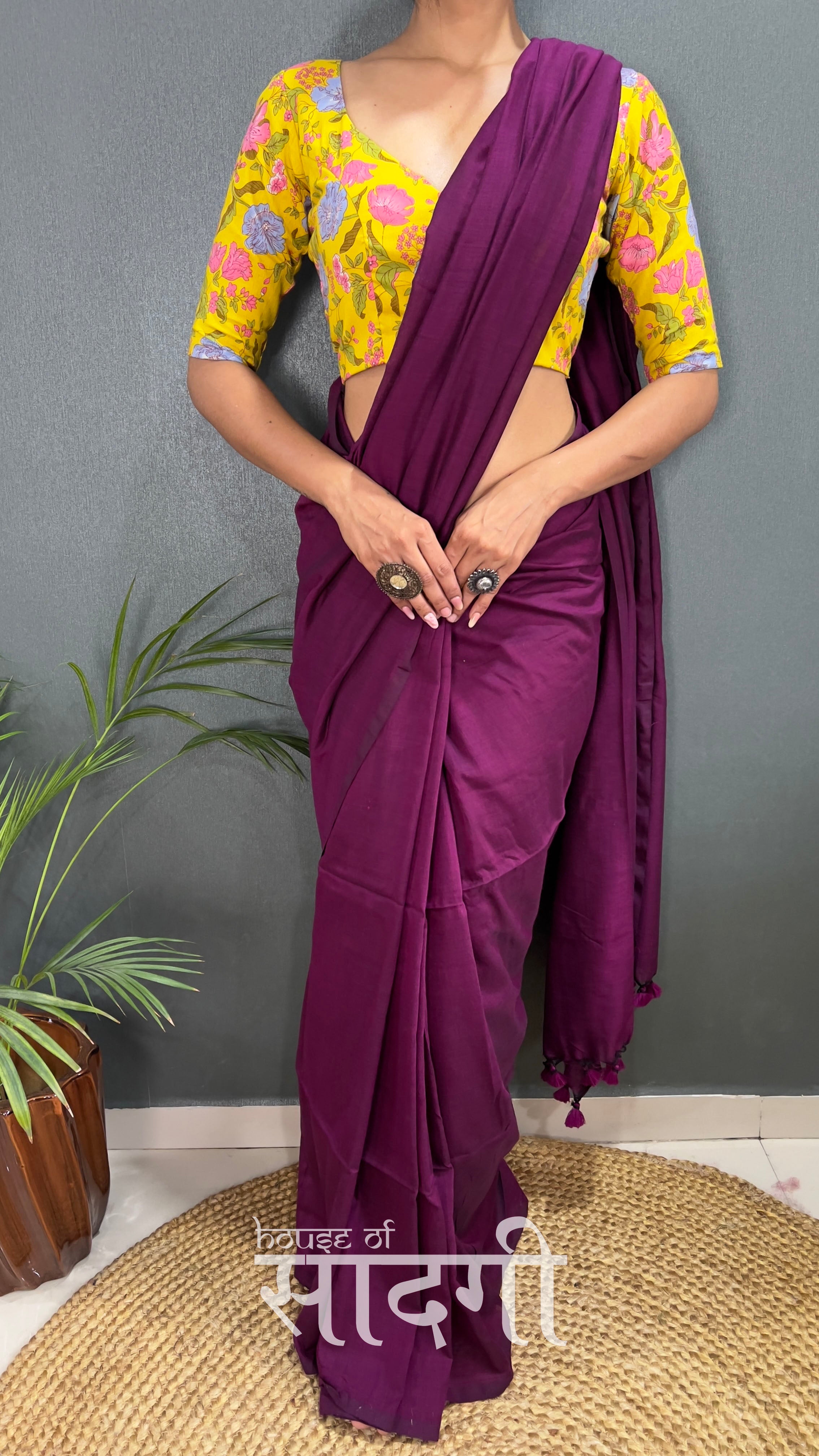 Wine Handloom Cotton Saree With Flower Printed Blouse