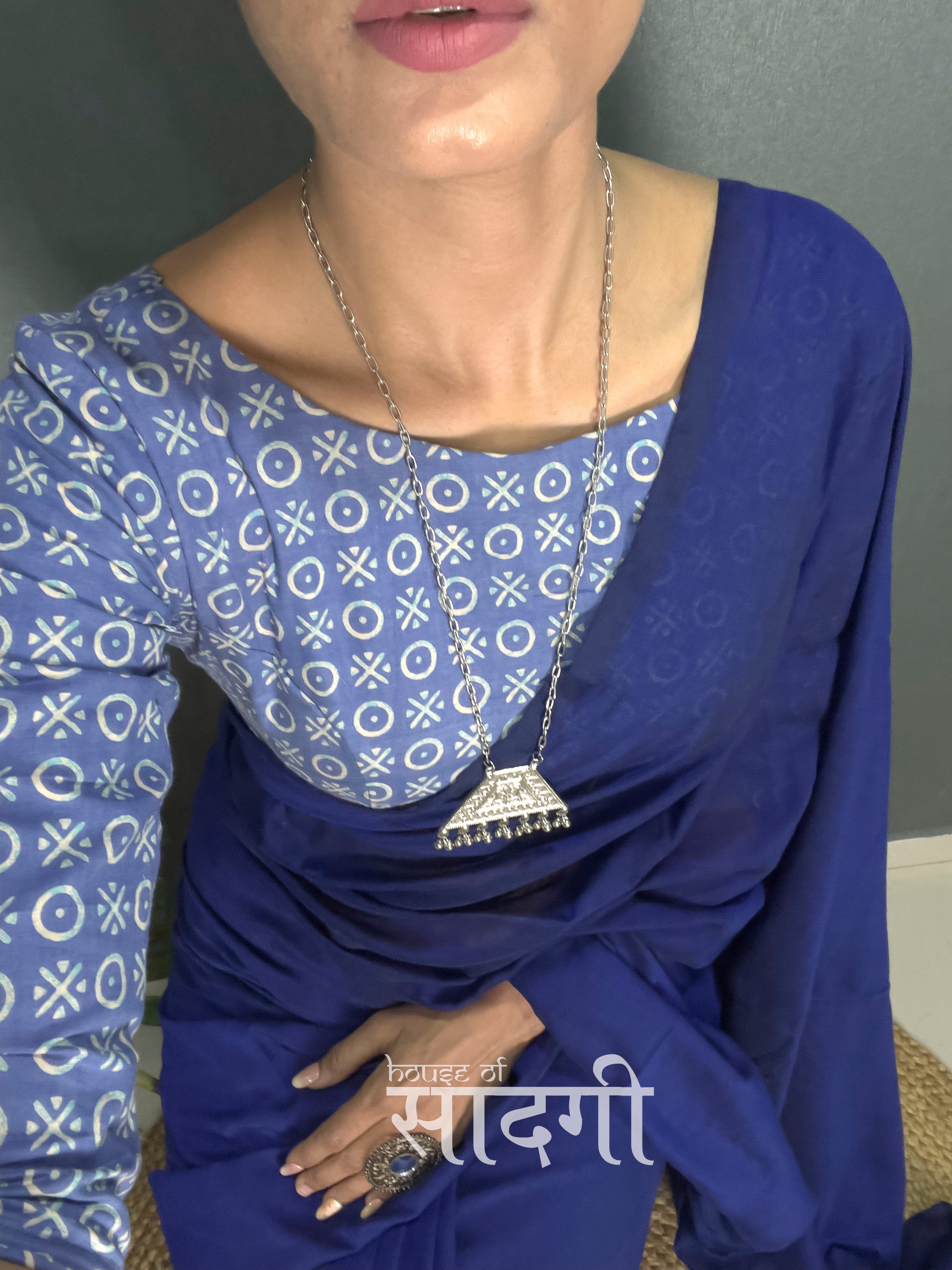 Royal Blue Handloom Cotton Saree With Blue Printed Blouse