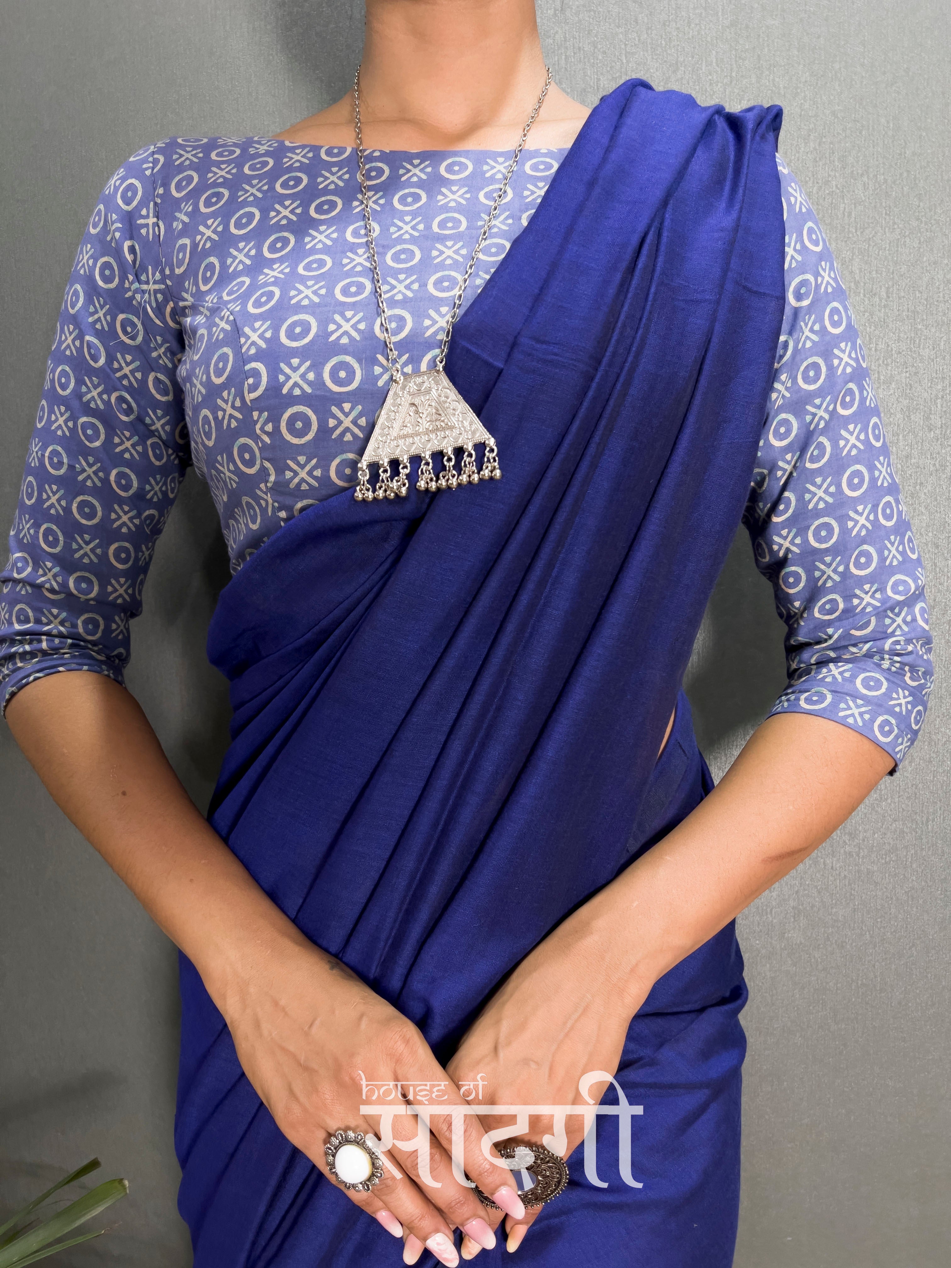 Royal Blue Handloom Cotton Saree With Blue Printed Blouse