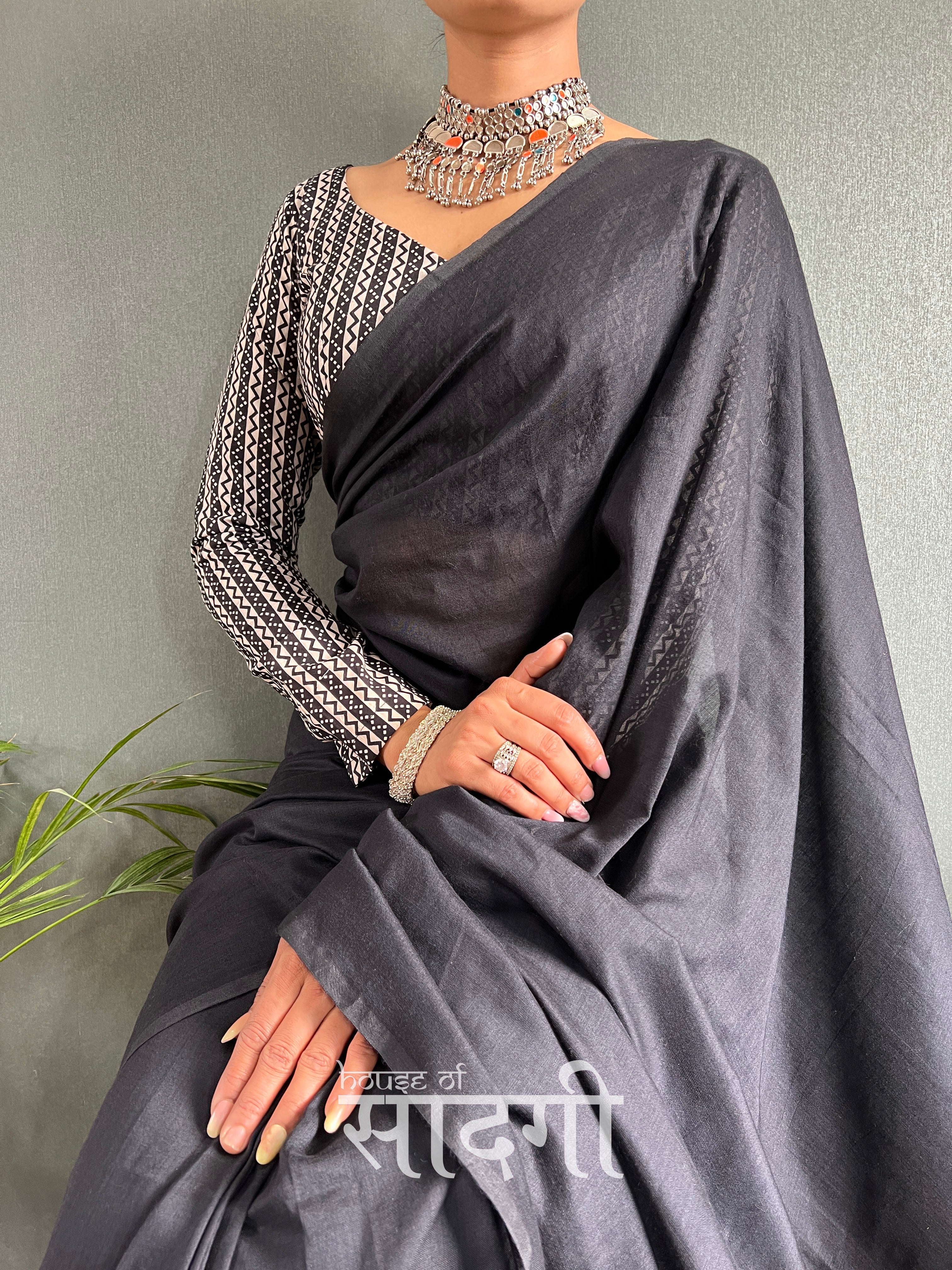 Black Handloom Cotton Saree With Black Printed Blouse