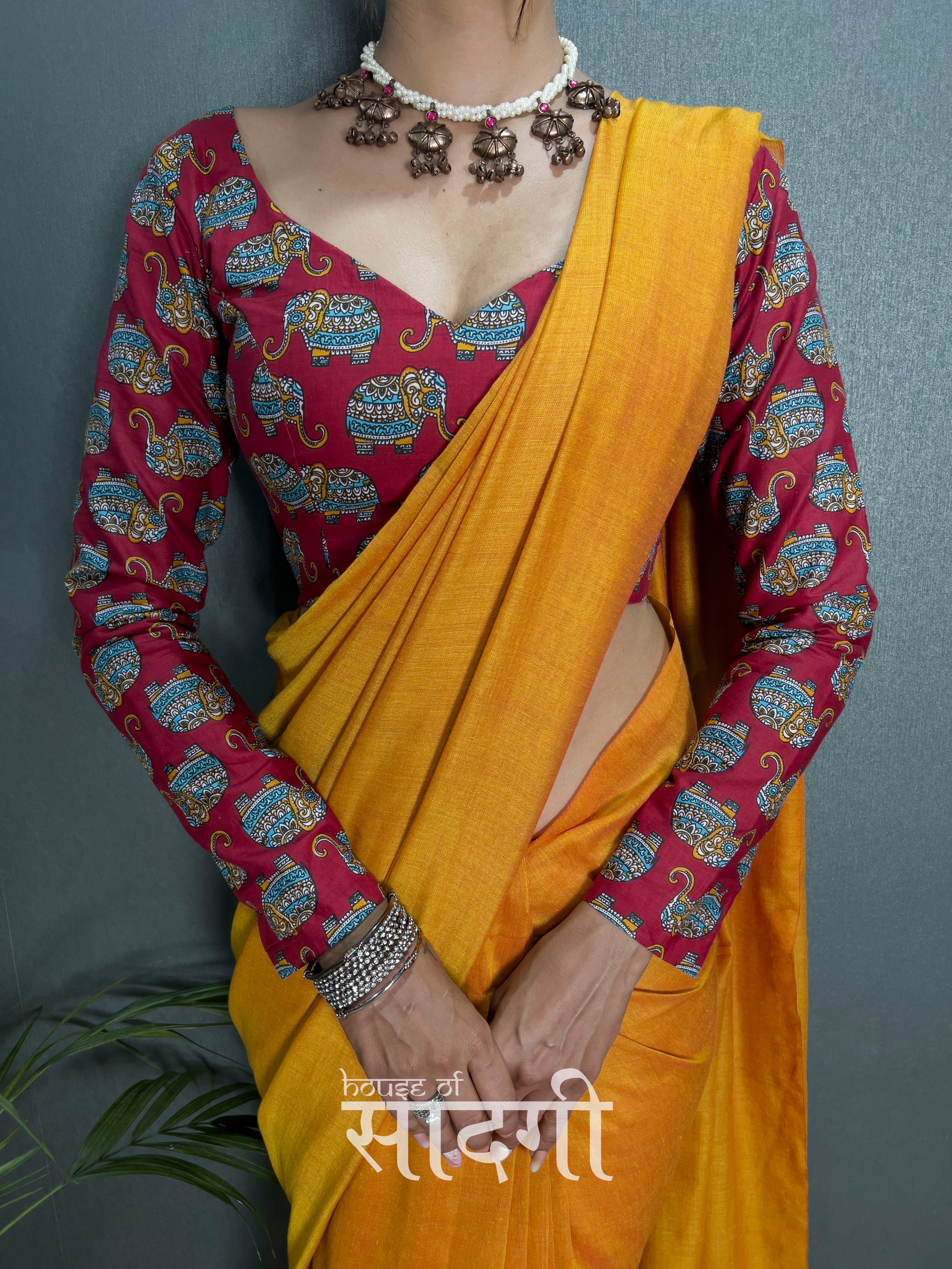 Mustard Handloom Cotton Saree With Elephant Printed Blouse