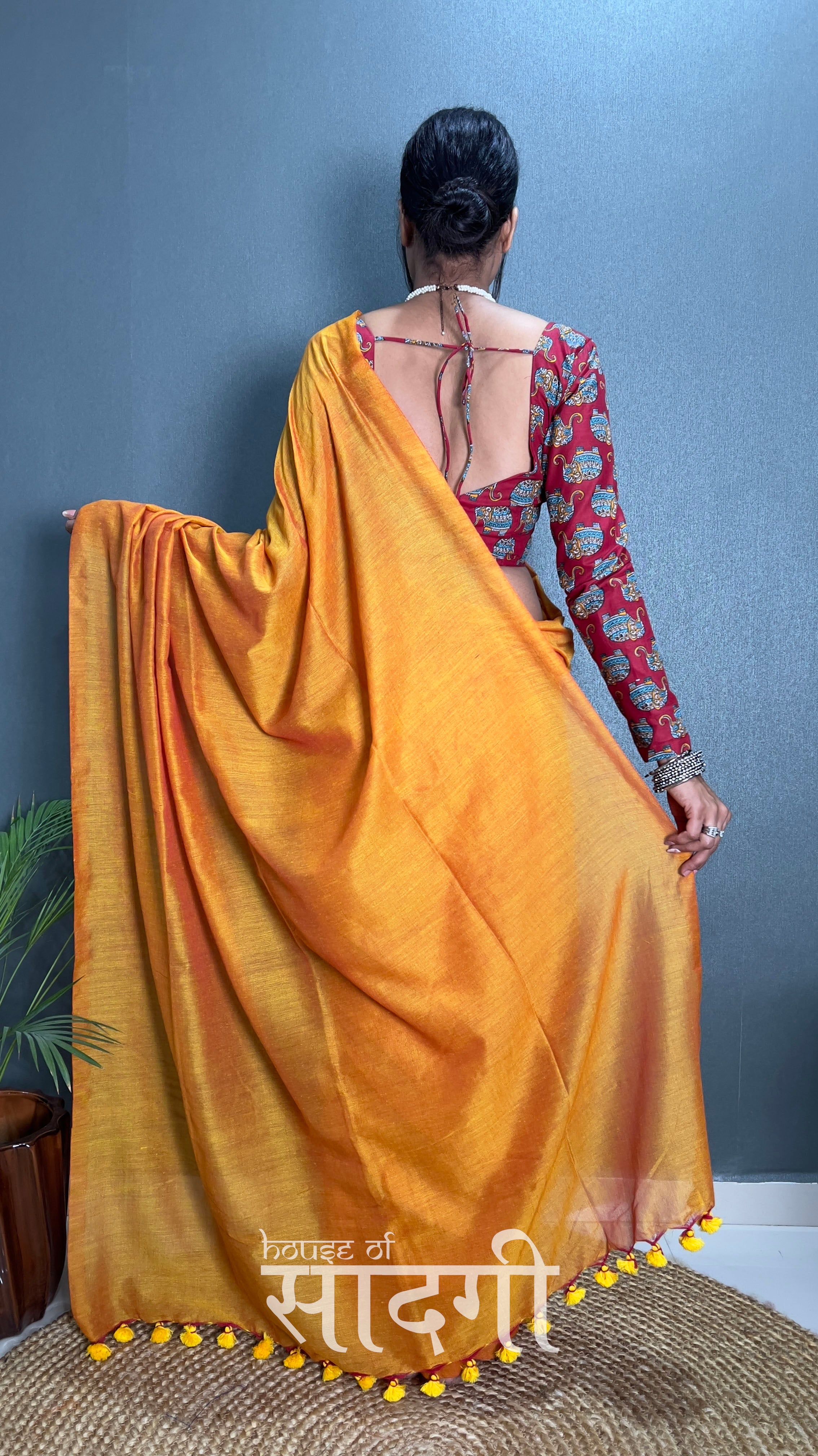 Mustard Handloom Cotton Saree With Elephant Printed Blouse