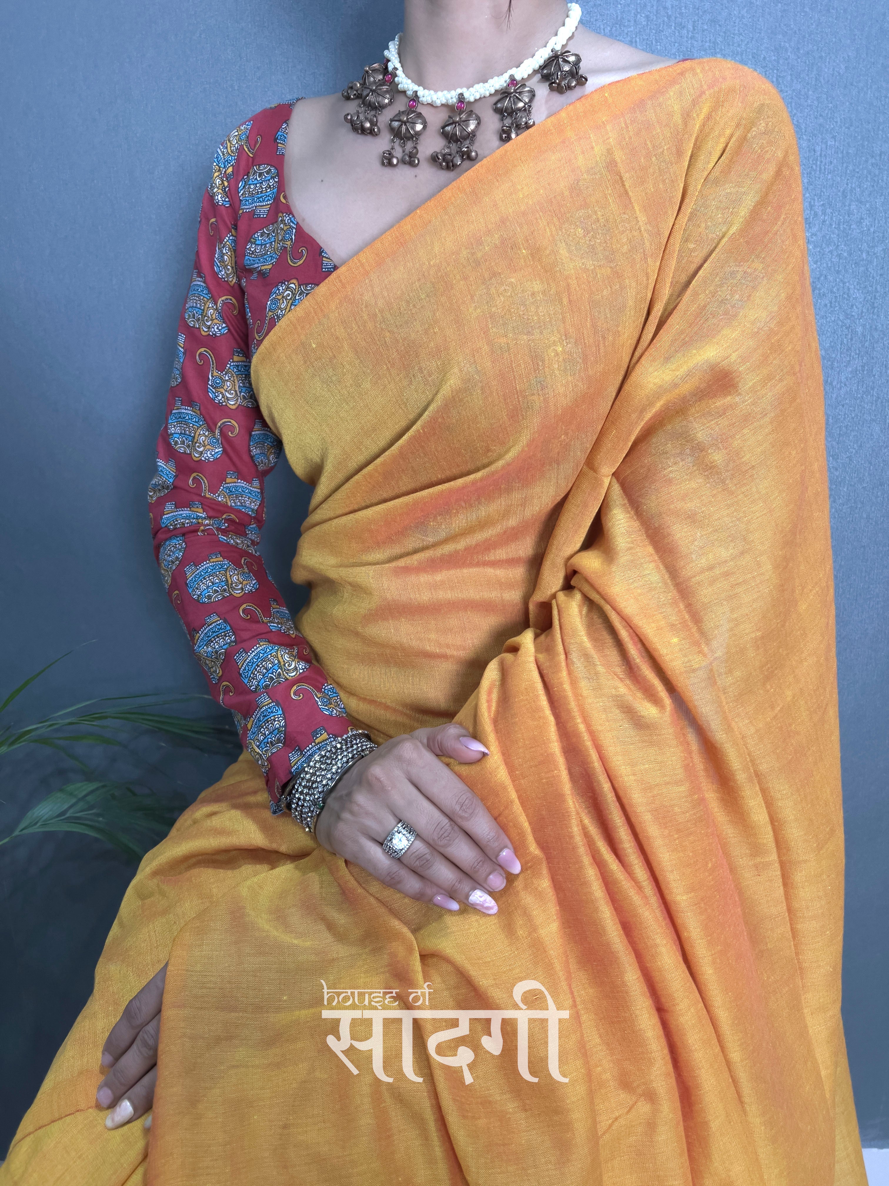 Mustard Handloom Cotton Saree With Elephant Printed Blouse