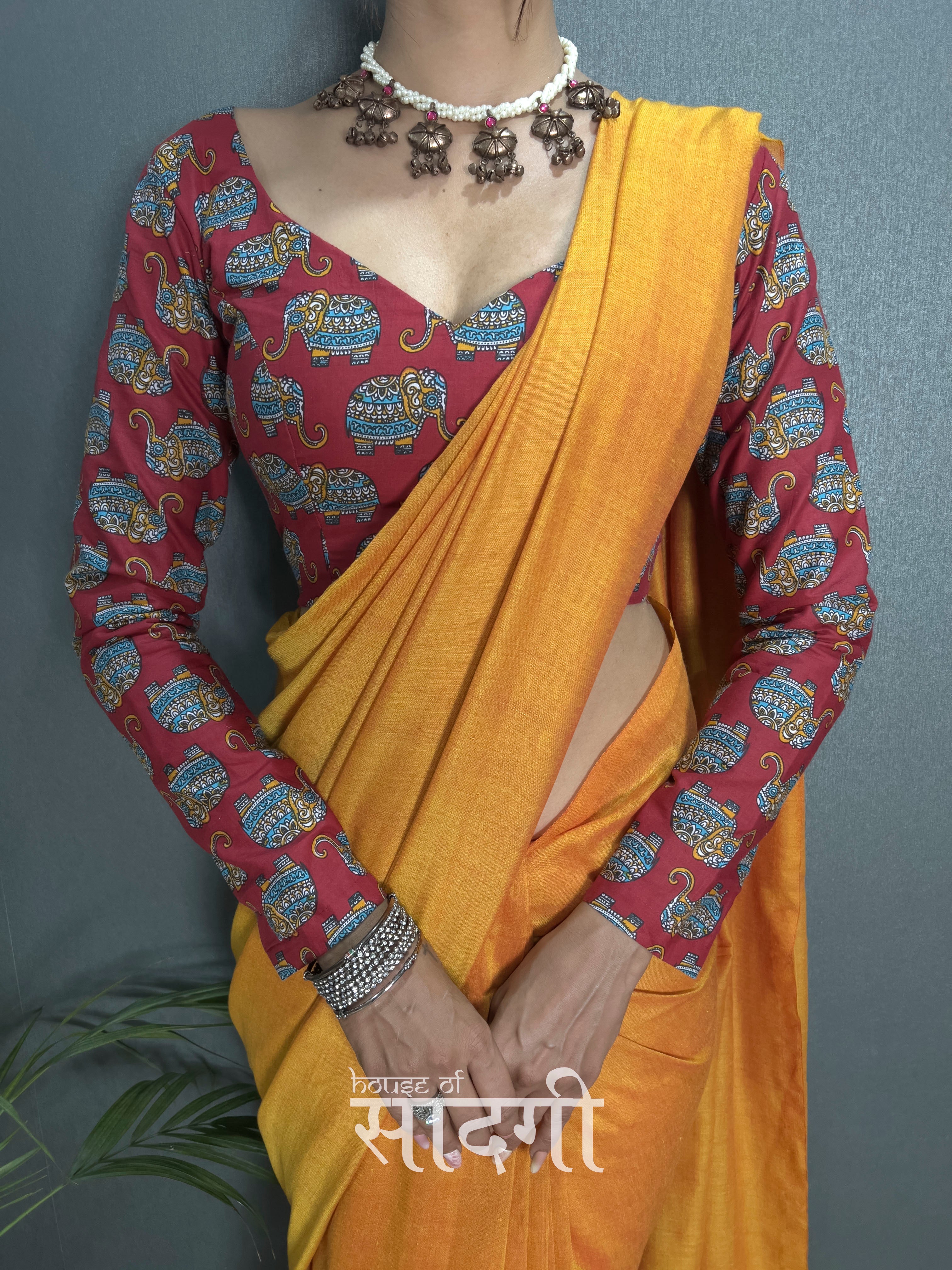 Mustard Handloom Cotton Saree With Elephant Printed Blouse