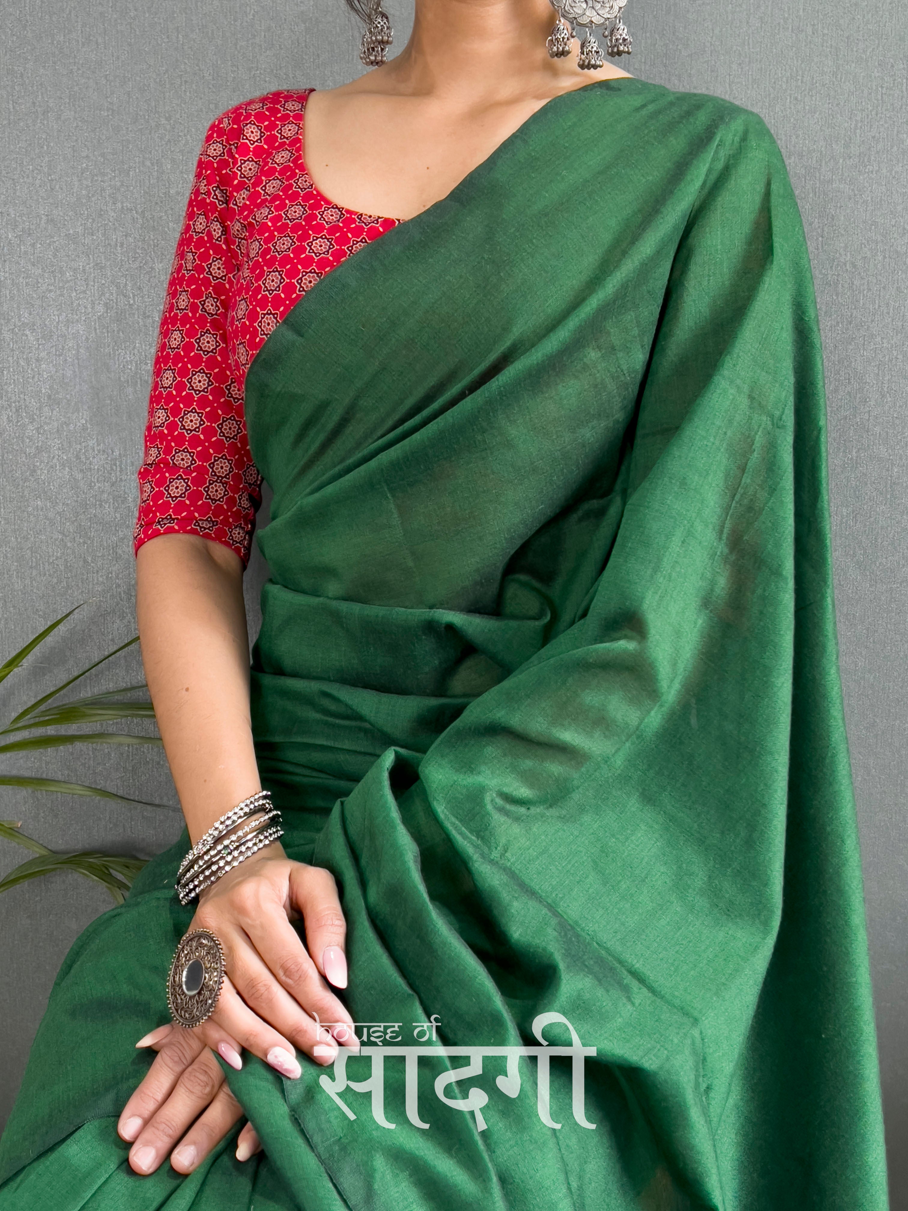 Jerry Green Handloom Cotton Saree With Red Printed Blouse