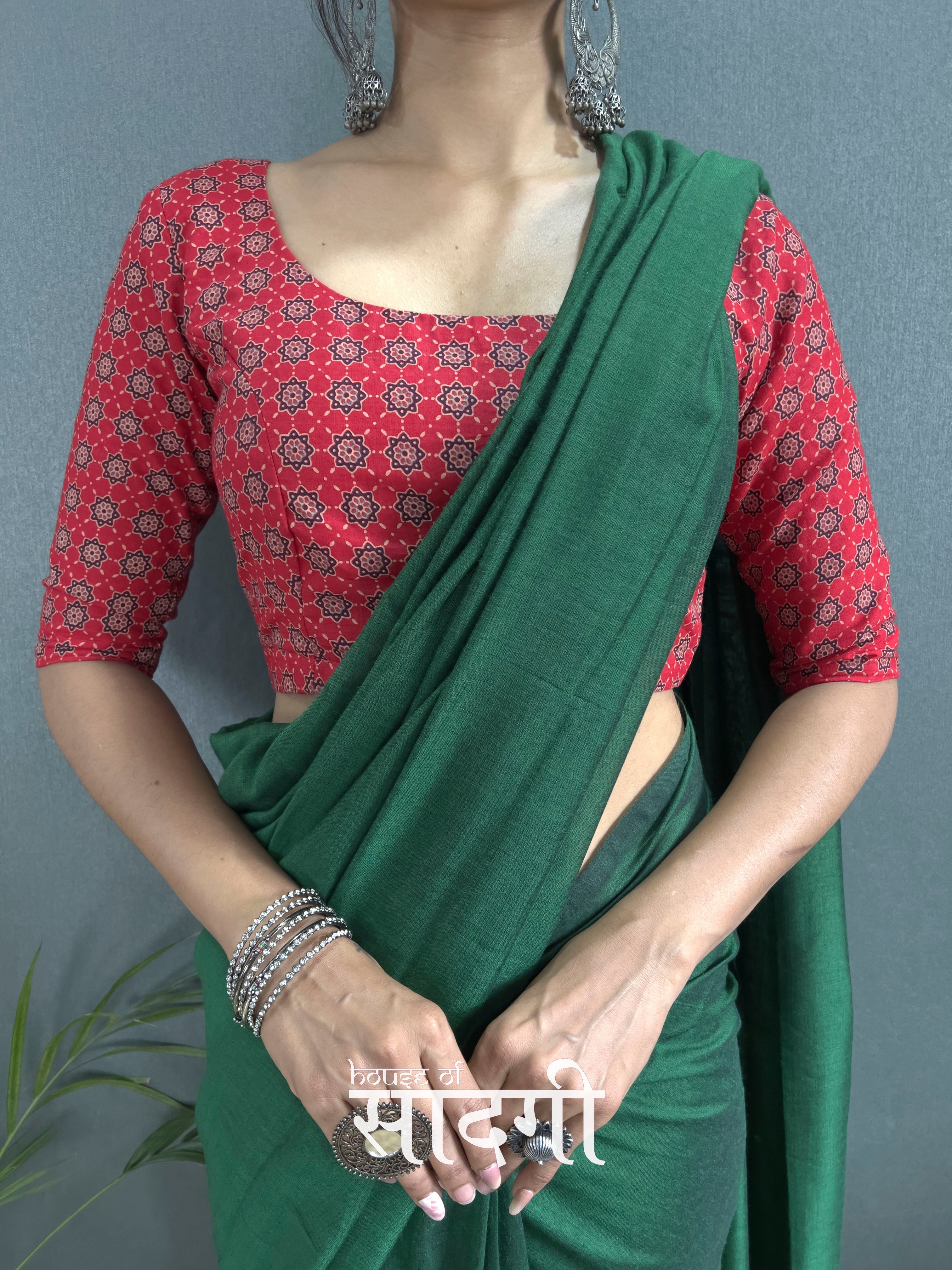 Jerry Green Handloom Cotton Saree With Red Printed Blouse