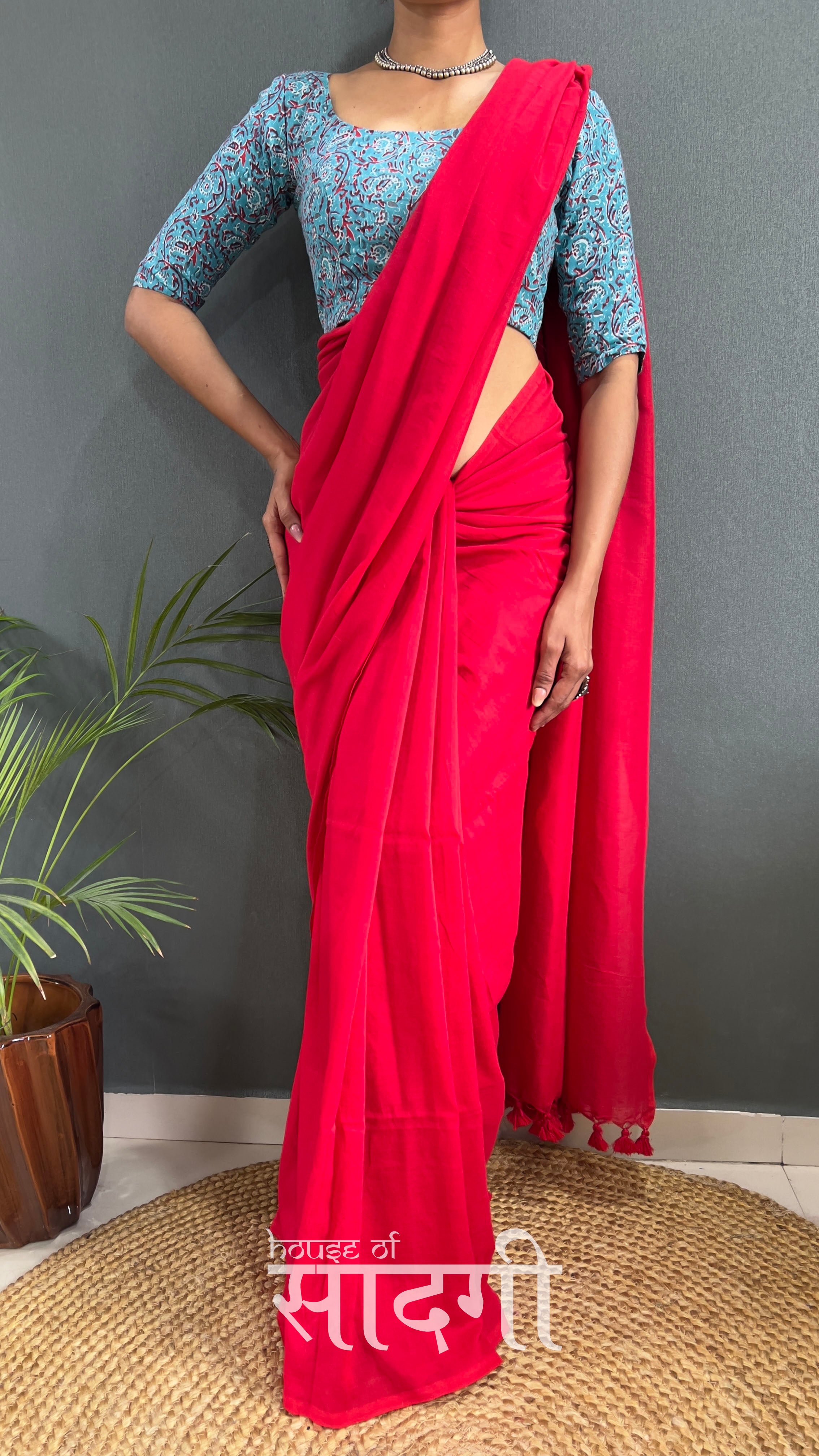 Red Handloom Cotton Saree With Sky Printed Blouse