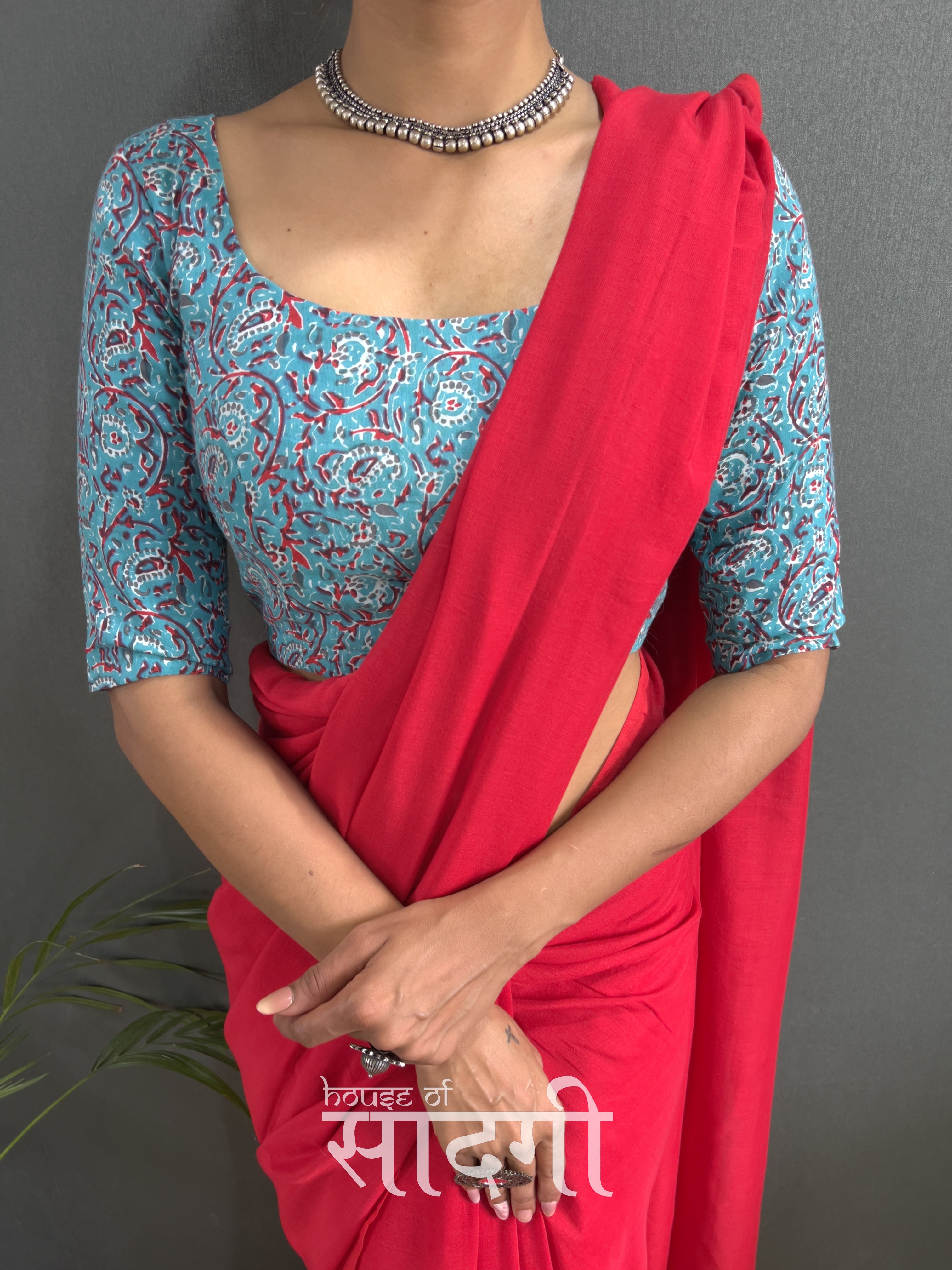 Red Handloom Cotton Saree With Sky Printed Blouse