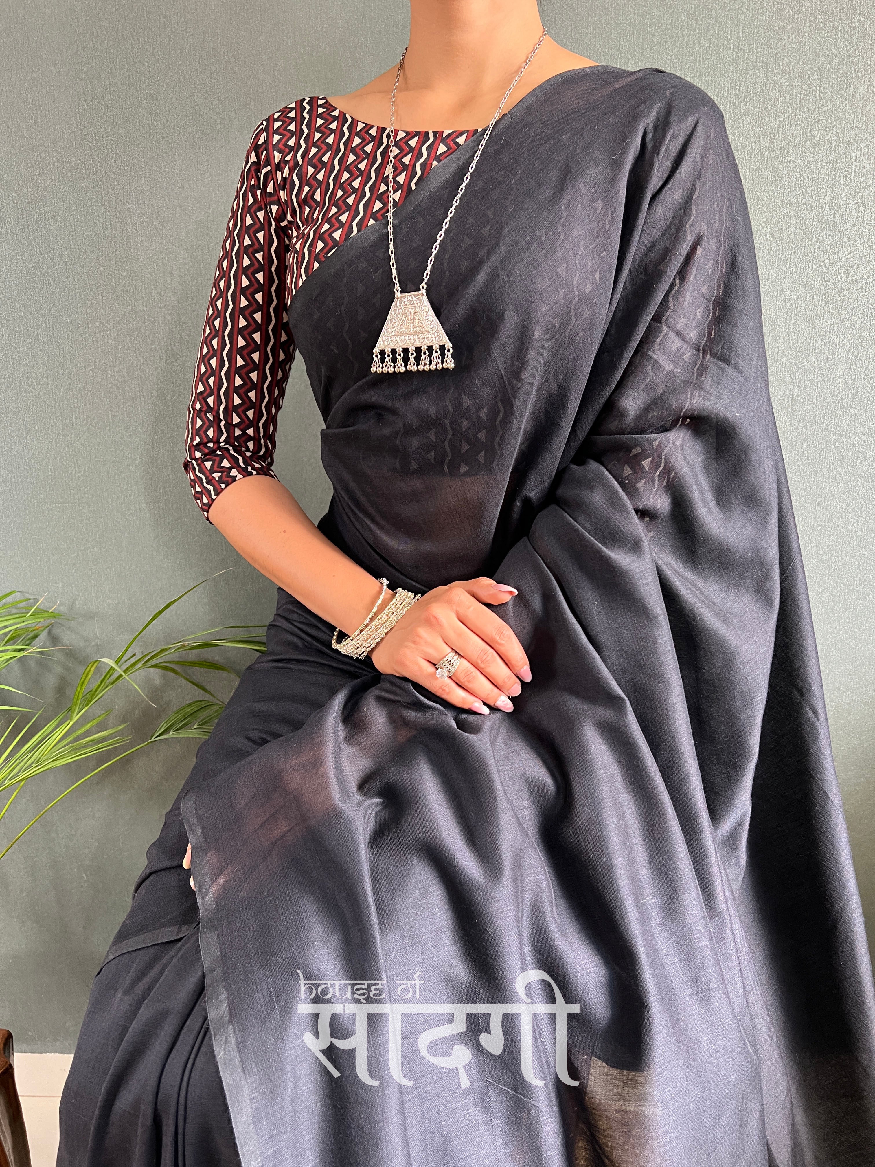 Black Handloom Cotton Saree With Black Triangle Printed Blouse