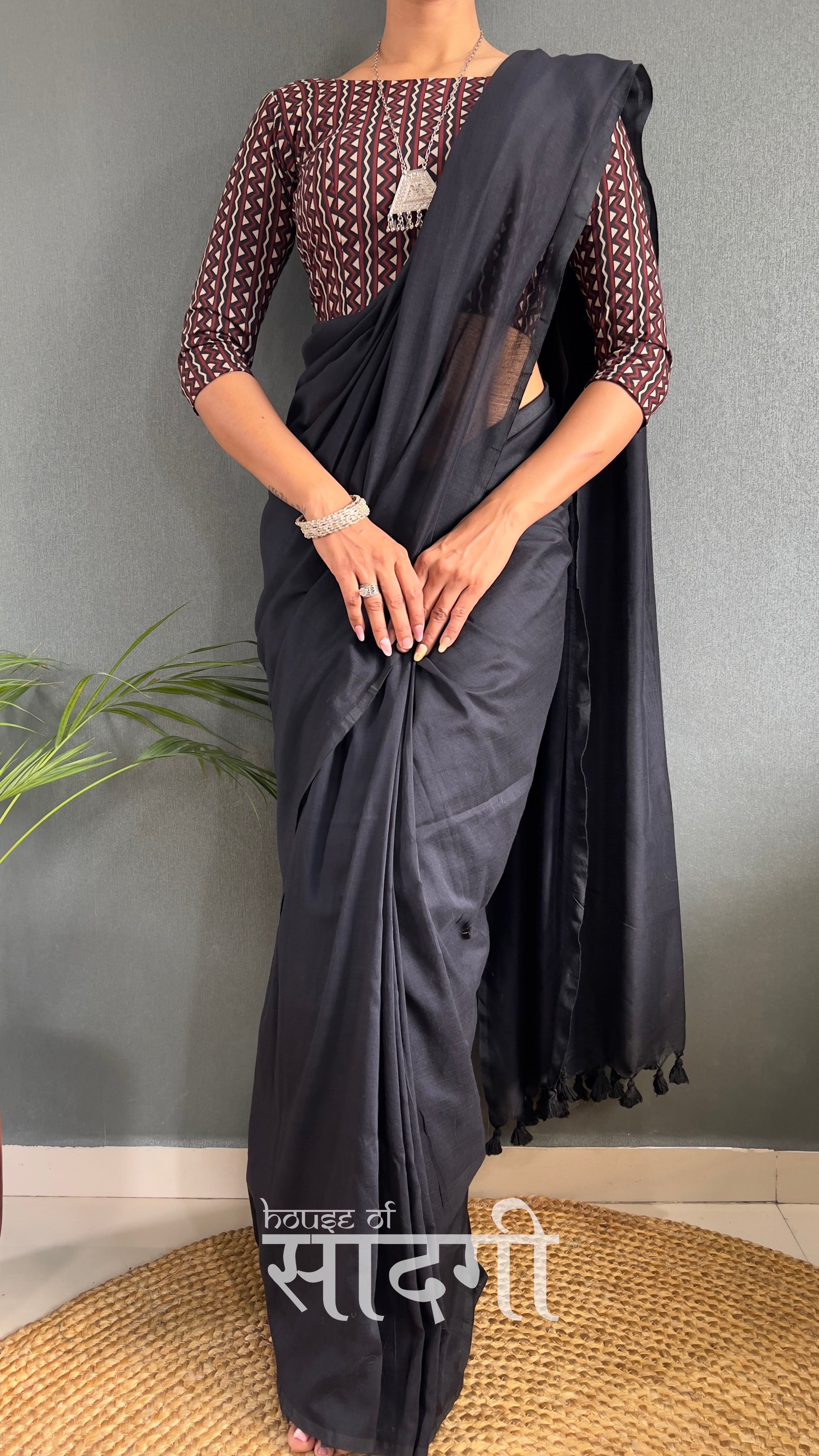 Black Handloom Cotton Saree With Black Triangle Printed Blouse